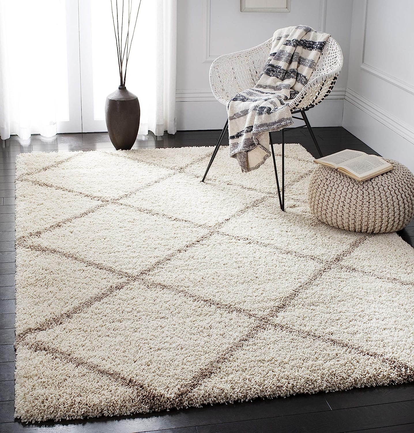 SAFAVIEH Hudson Shag Collection Area Rug - 8' x 10', Ivory & Beige, Modern Trellis Design, Non-Shedding & Easy Care, 2-inch Thick Ideal for High Traffic Areas in Living Room, Bedroom (SGH281D)