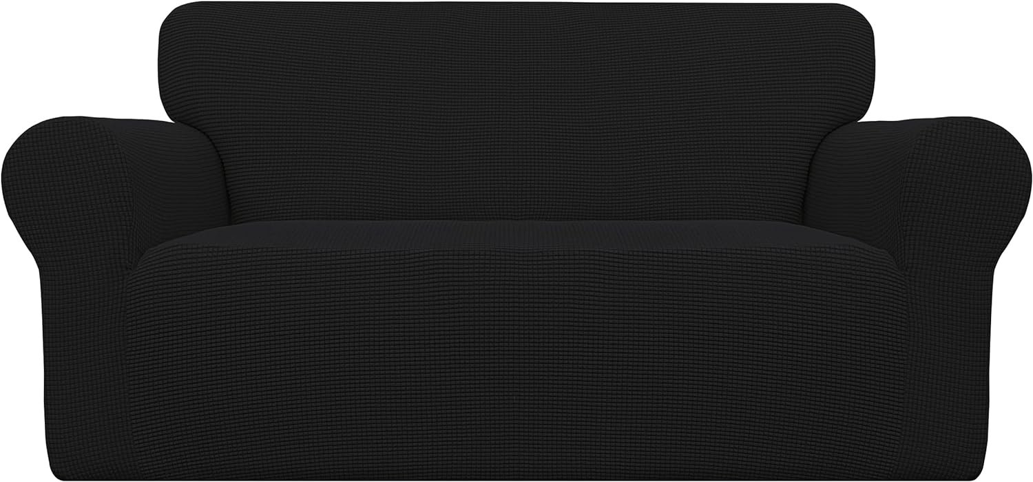 Easy-Going Stretch Loveseat Slipcover 1-Piece Sofa Cover Furniture Protector Couch Soft with Elastic Bottom for Kids Polyester Spandex Jacquard Fabric Small Checks (Loveseat, Black)