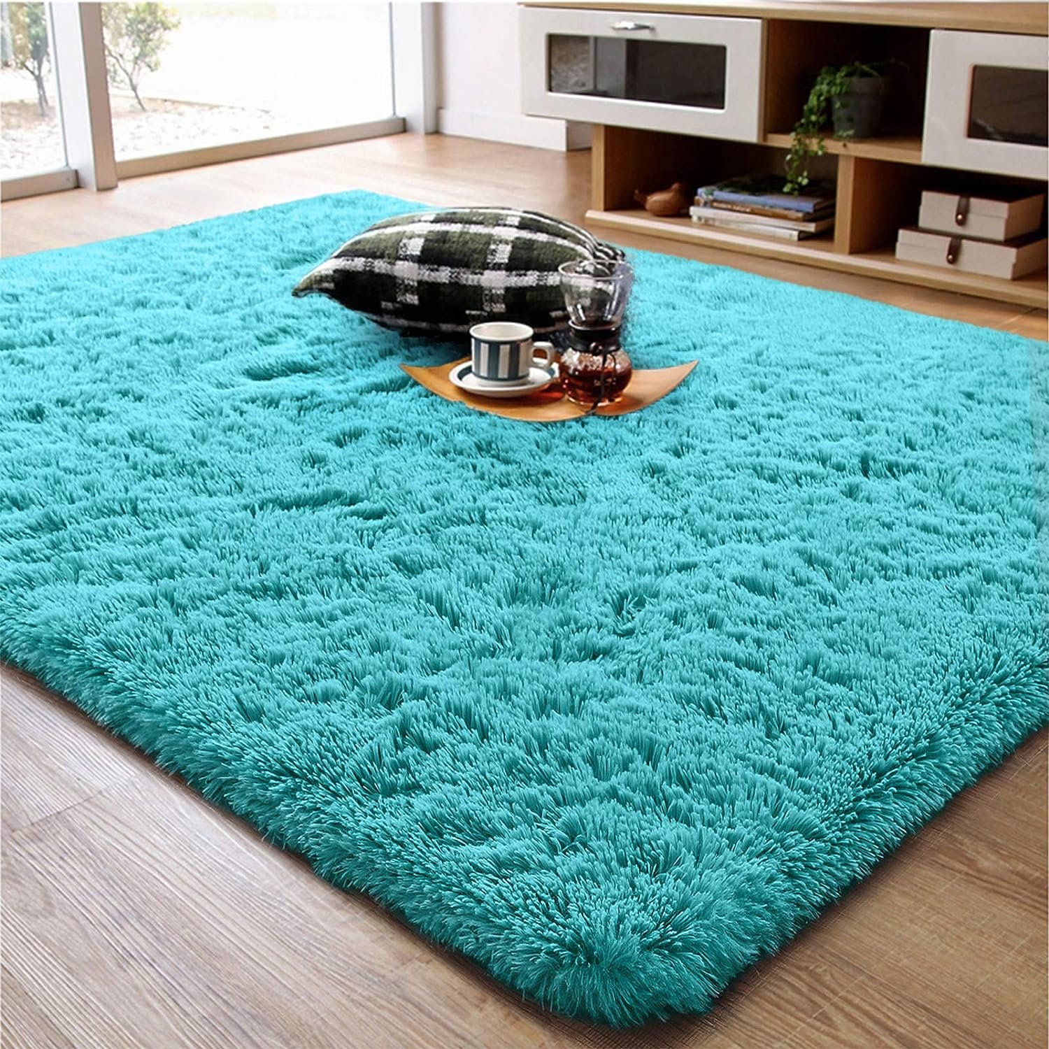 Ompaa Soft Fluffy Area Rug for Living Room Bedroom, 4x6 Teal Blue Plush Shag Rugs, Fuzzy Shaggy Accent Carpets for Kids Girls Rooms, Modern Apartment Nursery Dorm Indoor Furry Decor