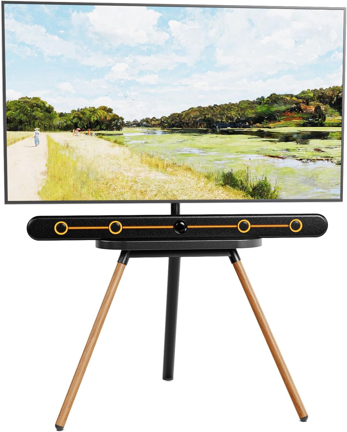 PUTORSEN Easel TV Stand for 43 to 65 Inch LED LCD OLED Screens, Portable Swivel Tripod TV Stand with Wooden Tray, Height Adjustable TV Floor Stand, Concealed Cable Management, Max Load 99lbs, Black