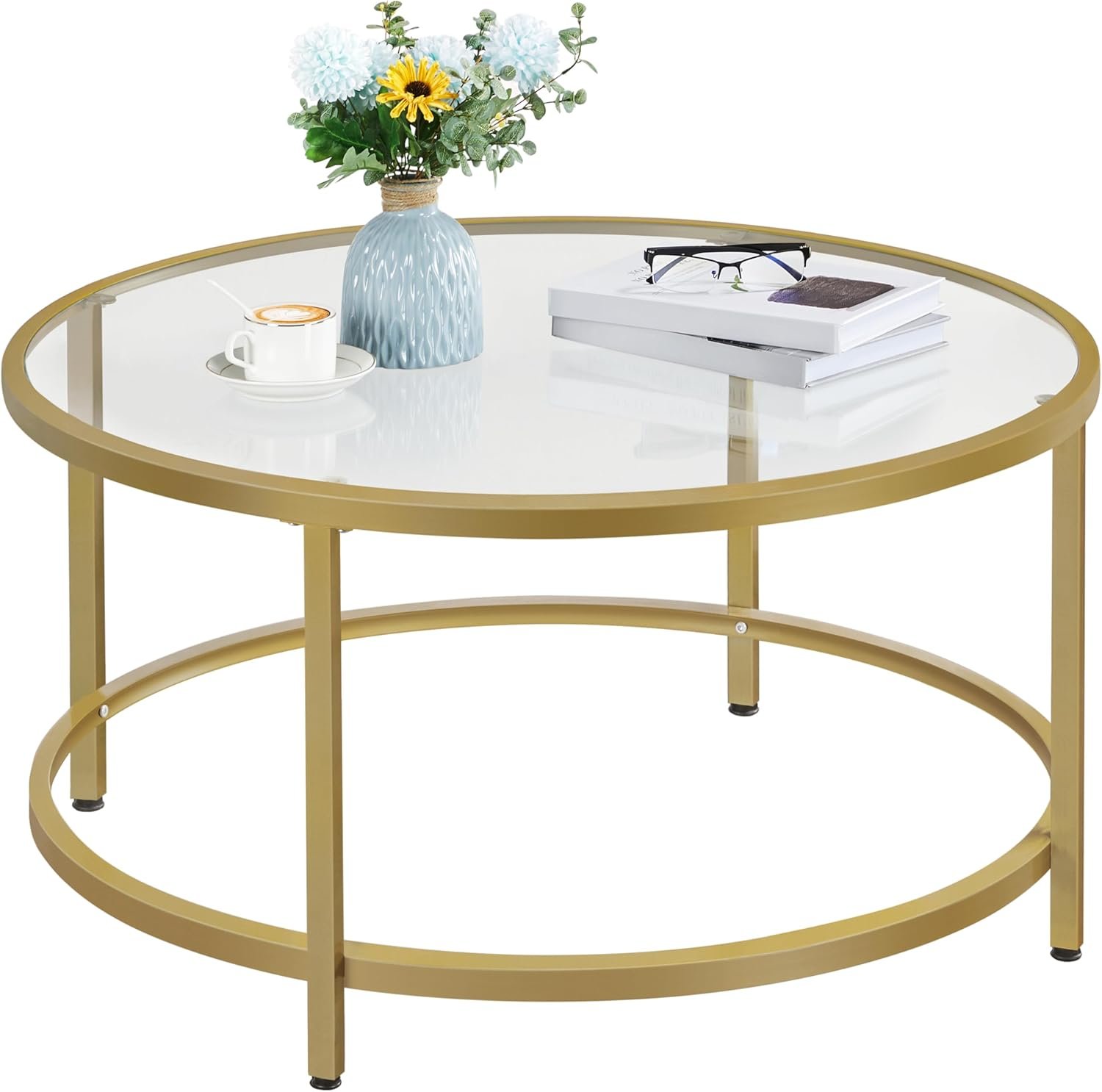Yaheetech Gold Glass Coffee Table for Living Room, 36" Round Glass Coffee Table with Metal Frame, Circle Coffee Table for Home, Office, Apartment