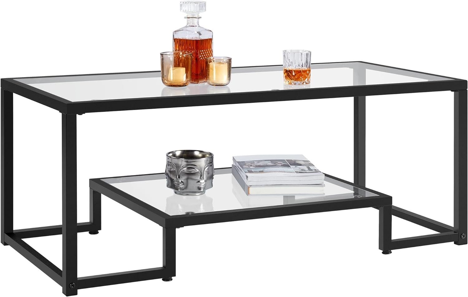 Yaheetech Coffee Table, Tempered Glass Coffee Table, Modern Simple Center Table w/Geometric-Inspired Design & Metal-Frame & Easy Assembly & Open Storage Shelf for Living Room, Office, Black
