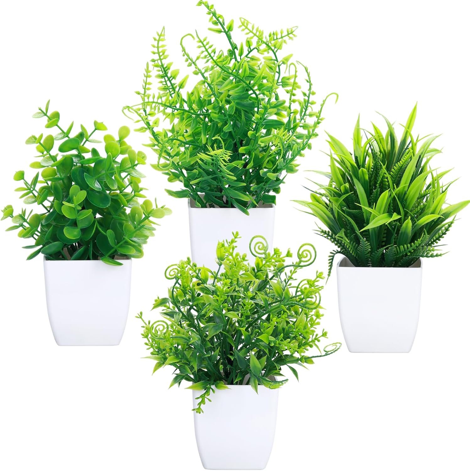 GREENTIME 4 Pcs Fake Plants Potted Small Artificial Plants Indoor Faux Plants in White Pot Greenery for Home Office Bedroom Desk Bathroom Shelf Farmhouse Decoration