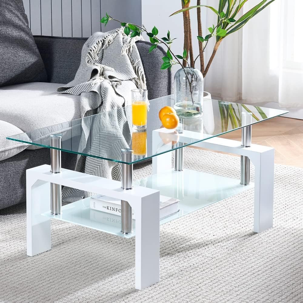 Living Room Rectangle Coffee Table, Tea Table Suitable for Waiting Room, Modern Side Coffee Table with Wooden Leg, Glass Tabletop with Lower Shelf, 39.5*23.5*17.5 inches , White
