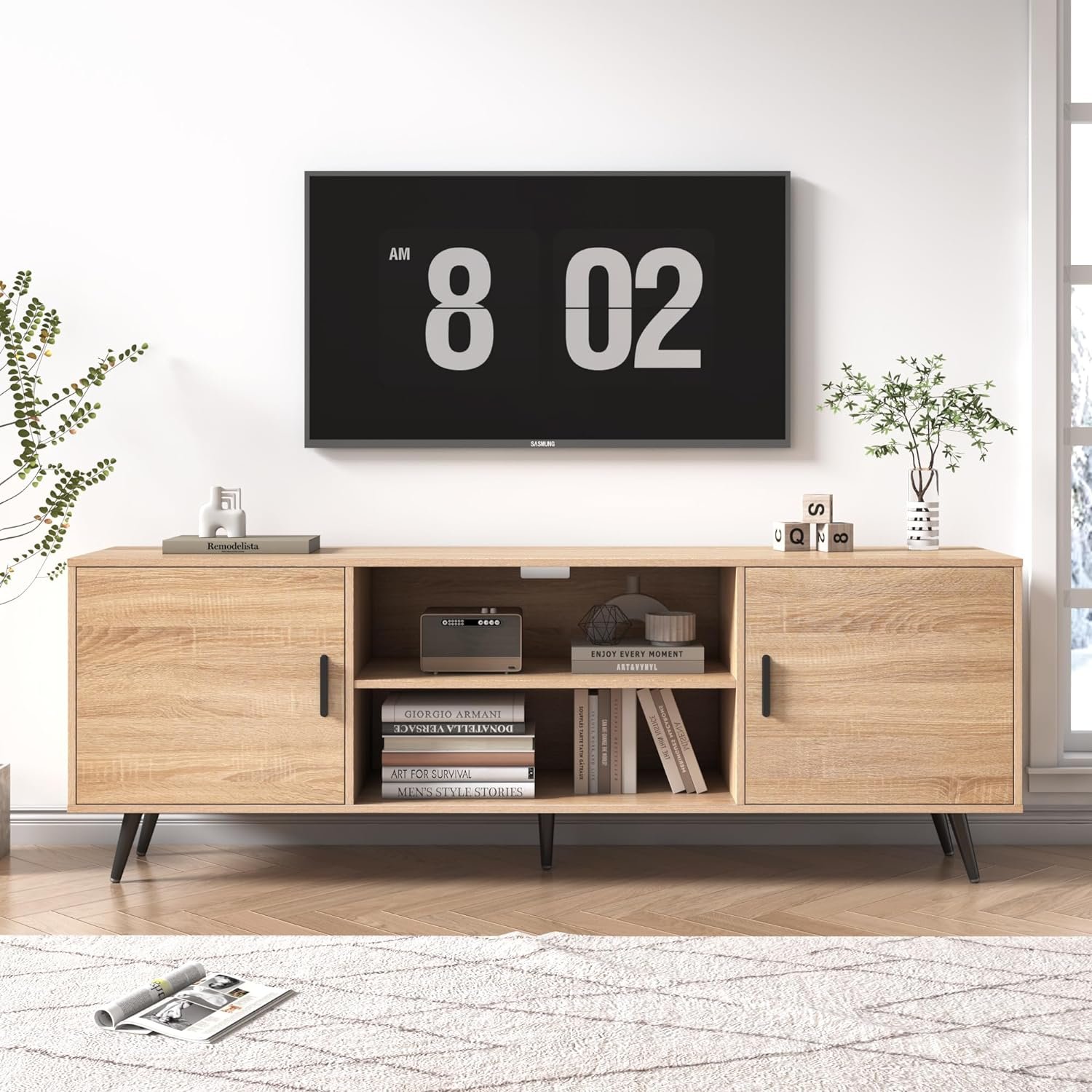 AUXSOUL 70 Inch Mid Century Modern TV Stand for 75 Inch TV, Wood TV Stand with Storage, Entertainment Center for Living Room Bedroom, TV Media Console, Oak