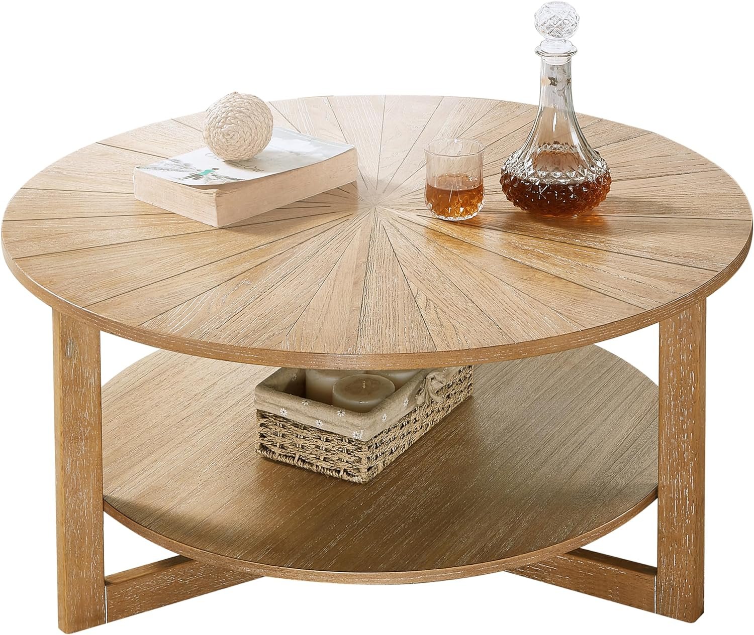 Wood Round Coffee Table for Living Room, 2 Tier Circle Rustic Coffee Table with Storage, Coffee Table for Apartment, Easy Assembly (Light Brown,35" Dx35 Wx18 H)