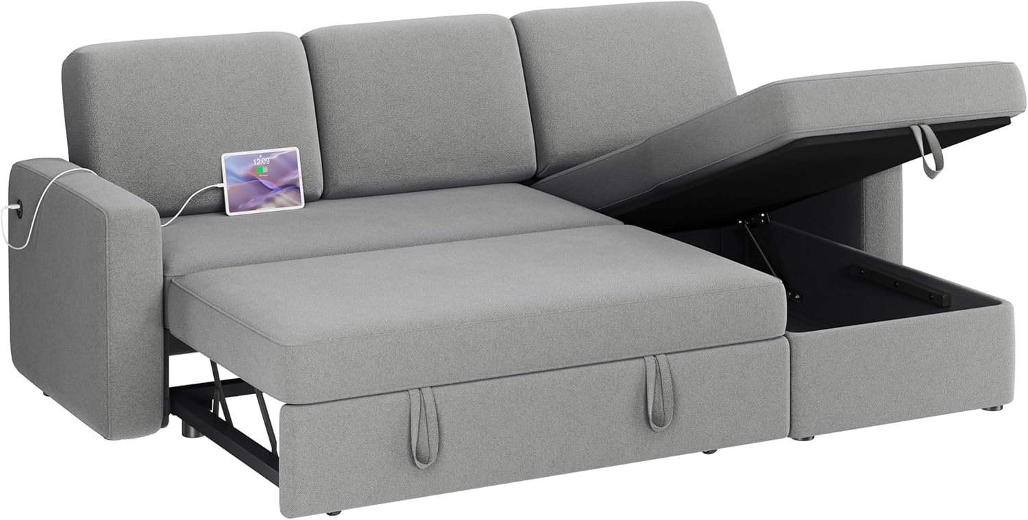 Yaheetech Sectional Sofa L-Shaped Sofa Couch Bed w/Chaise & USB, Reversible Couch Sleeper w/Pull Out Bed & Storage Space, 4-seat Fabric Convertible Sofa, Pull Out Couch Light Gray