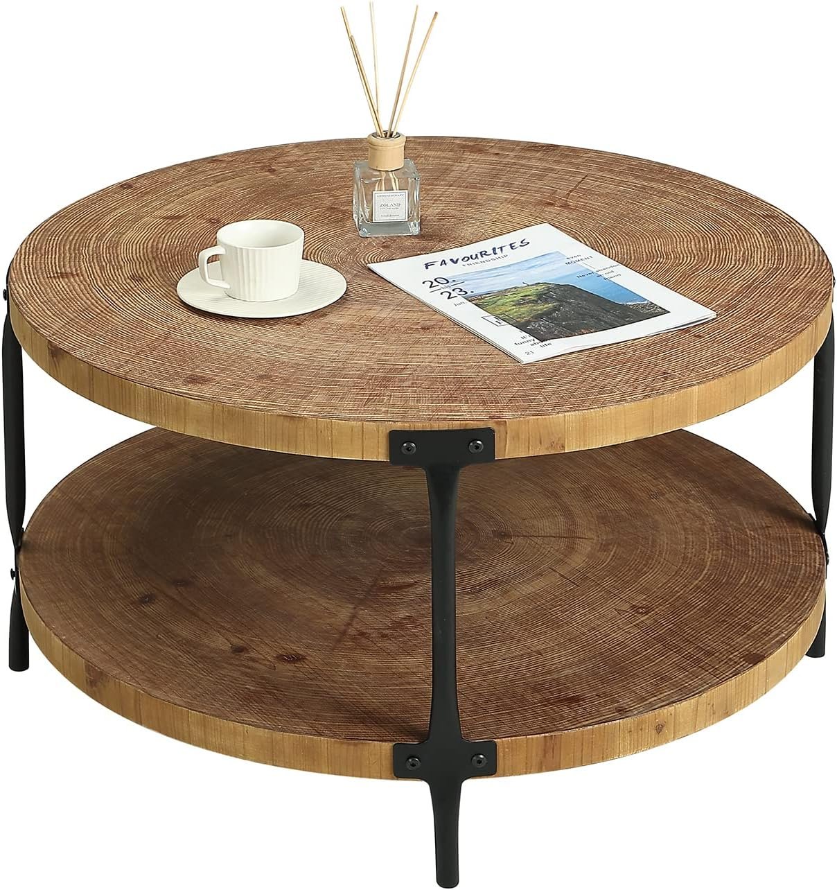 Round Boho Wood Coffee Table - 29.1" Farmhouse Natural Circle Wooden 2-Tier Coffee Tables Living Room Furniture, Natural Wood Color, 29.1" D x 18.3" H