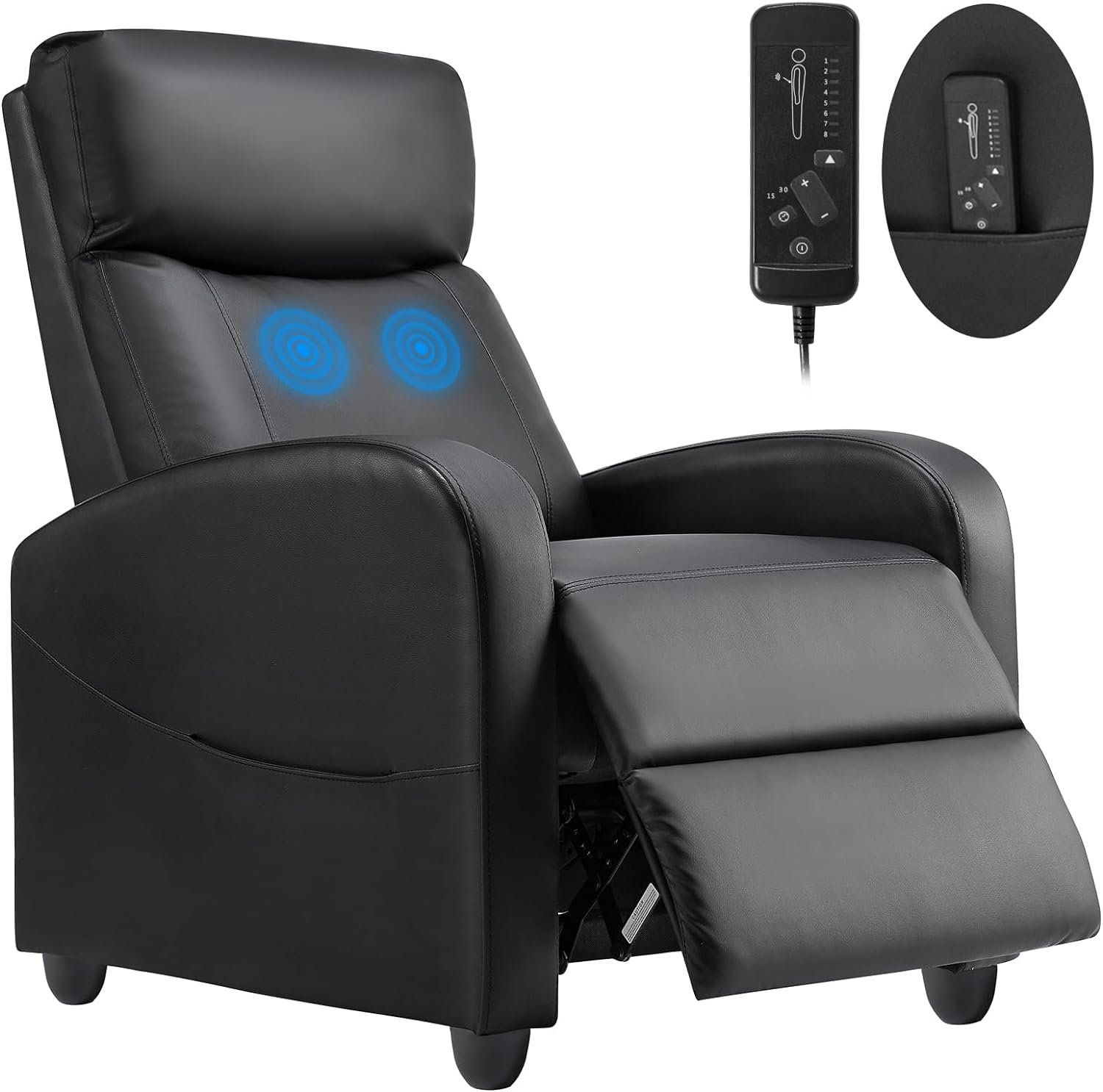 SMUG Recliner Chair Massage Reclining for Adults, Comfortable PU Leather Recliner Sofa Adjustable Home Theater Seating Lounge with Padded Seat Backrest, Small Recliners for Living Room (Black)