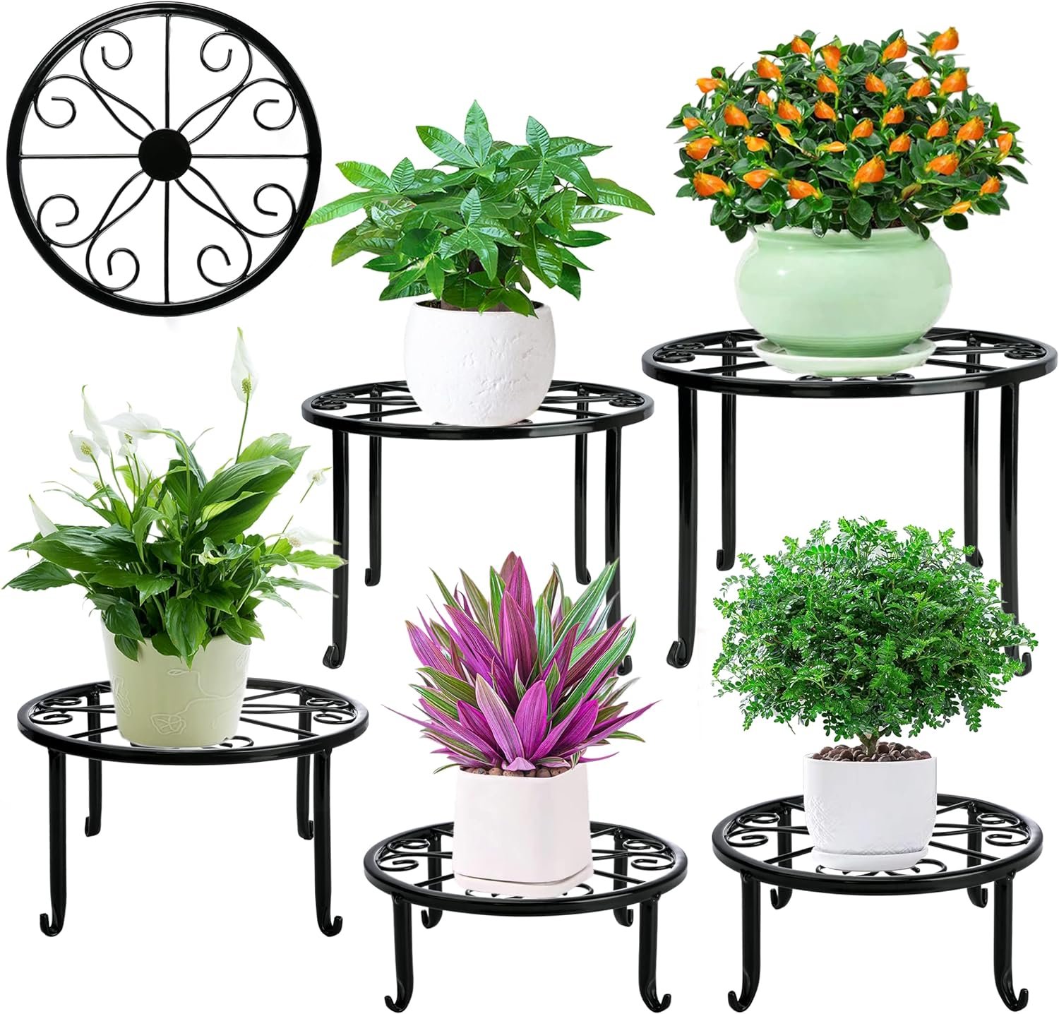 Metal Plant Stand 5 Pack Plant Stands for Indoor Outdoor Plants Multiple Heavy Duty Flower Pot Stand Holder Rustproof Iron Round Plant Shelf for Planter Outdoor Plant Stand for Patio & Garden Decor
