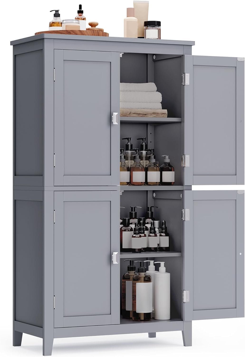 VASAGLE Bathroom Floor Storage Cabinet, Bathroom Storage Unit, Freestanding Cabinet with 4 Doors, Adjustable Shelves, 11.8 x 23.6 x 43.3 Inches, Mystic Gray UBBC552P36