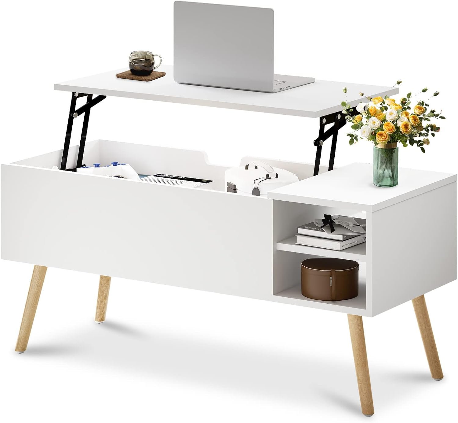 Coffee Table Lift Top - White Coffee Table with Lifting Top and Hide Compartment Storage - Lift Coffee Table Rectangle - Wood Coffee Tables for Living Room