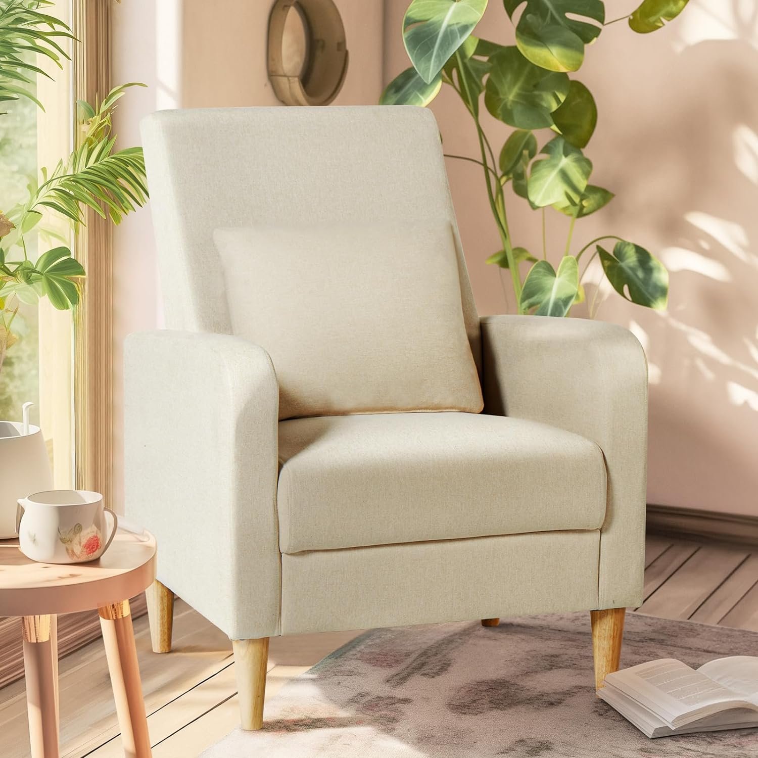 COLAMY Modern Upholstered Accent Chair Armchair with Pillow, Fabric Reading Living Room Side Chair,Single Sofa with Lounge Seat and Wood Legs, Beige