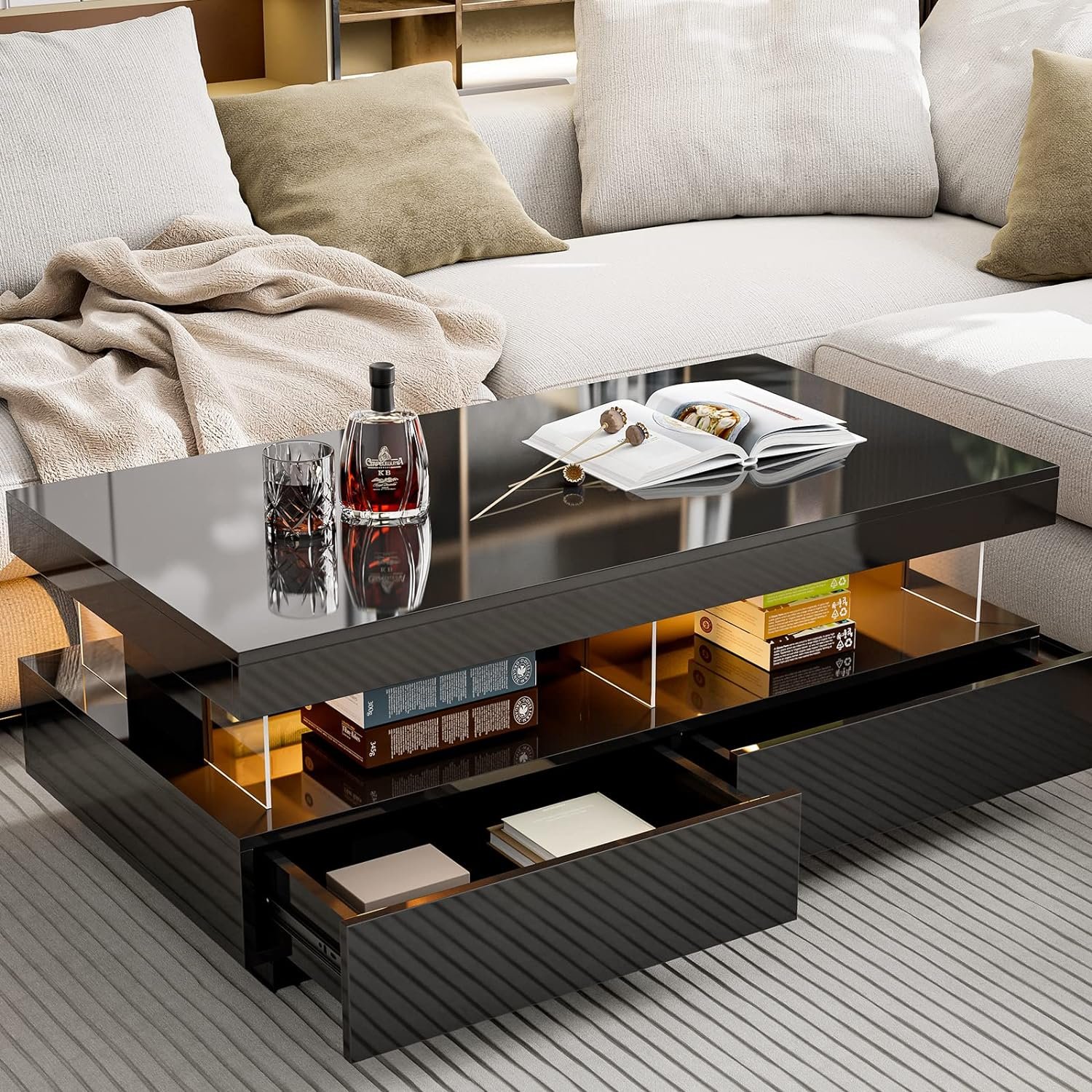 IKIFLY Modern High Glossy Coffee Table, Black Coffee Table with 2 Storage Drawers and Acrylic Design Open Space, Rectangle Coffee Table with 16 Colors LED Lights for Living Room