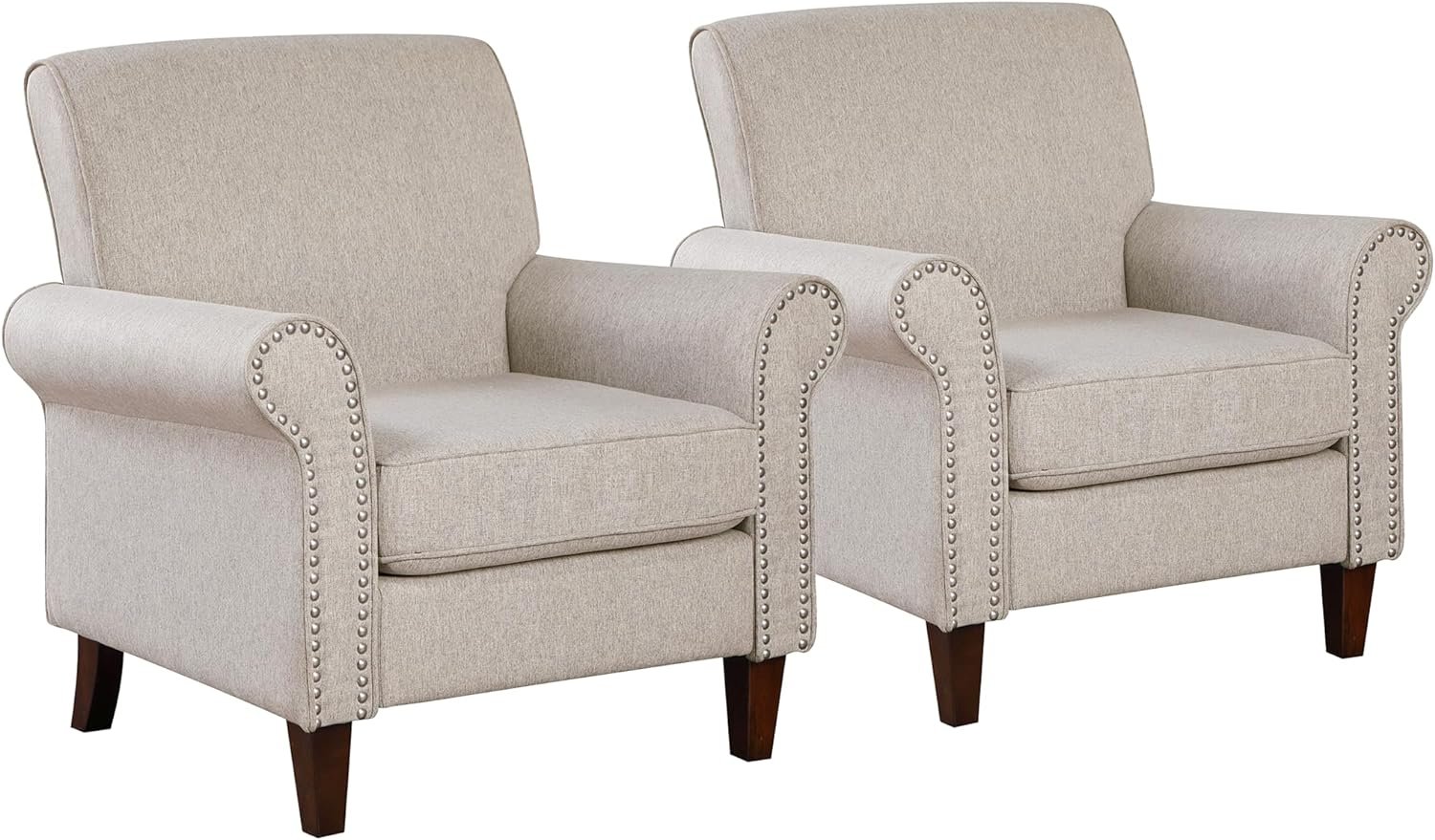 Prilinex Upholstered Living Room Chair Set of 2 - Large Comfy Fabric Accent Chair Single Sofa with Cushion, Rolled Armrest & Nailhead Trim, Mid Century Farmhouse Armchair for Bedroom, Office, Beige