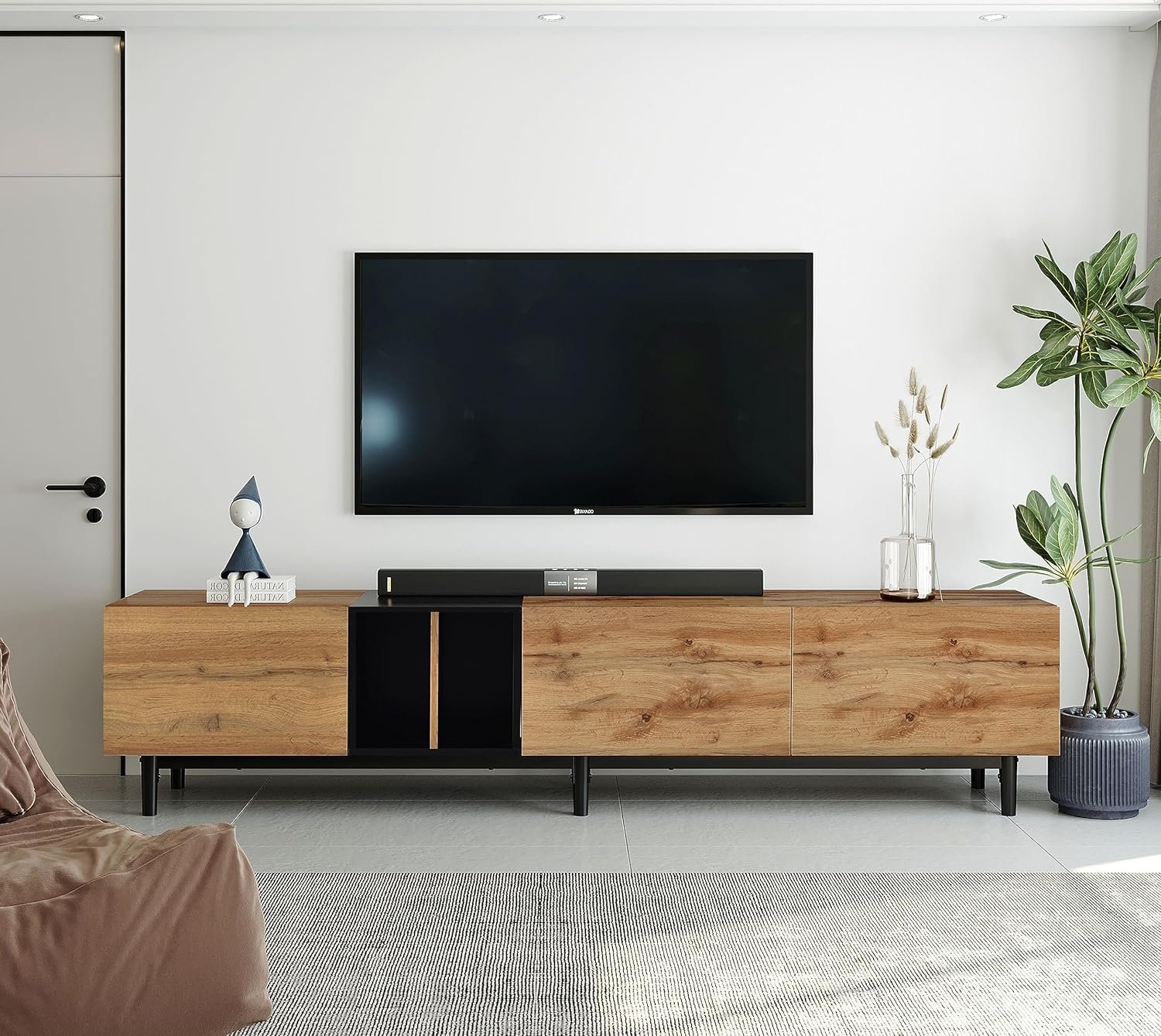 Modern TV Stand with 3 Cabinets & Open Shelves, Minimalist Wooden Entertainment Center for TVs Up to 80”, Sturdy TV Console for Living Room Bedroom Decor (Wood)