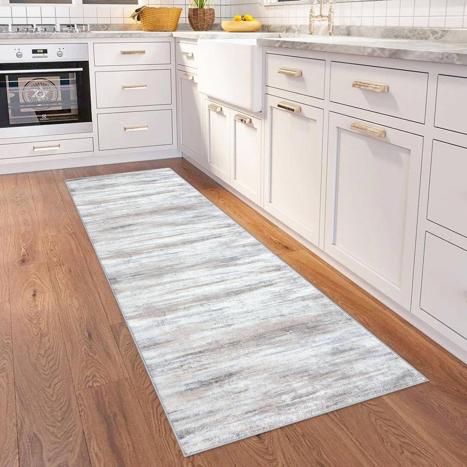 KOZYFLY Modern Abstract Kitchen Runner Rug, 2x6 Washable Rug Runner Non-Slip Soft Striped Hallyway Runner Rugs, Beige Print Distressed Carpet Runner for Entryway Bathroom Laundry Room Foyer