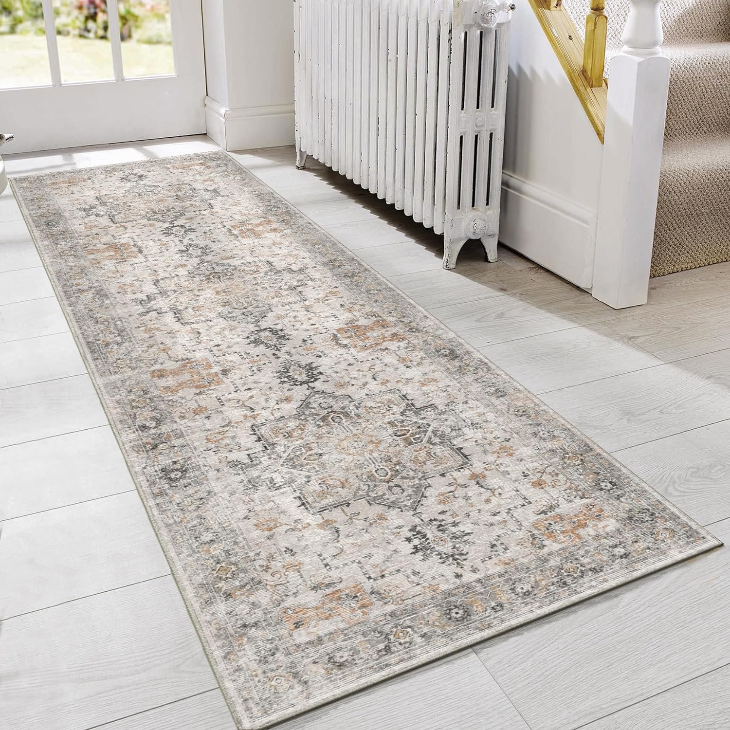 GENIMO Area Rug 2x5 Non Slip Machine Washable Vintage Hallway Runner Rug, Low Pile lightweight Rugs for Entryway, Hallway, Kitchen and Corridor, Light Taupe Brown