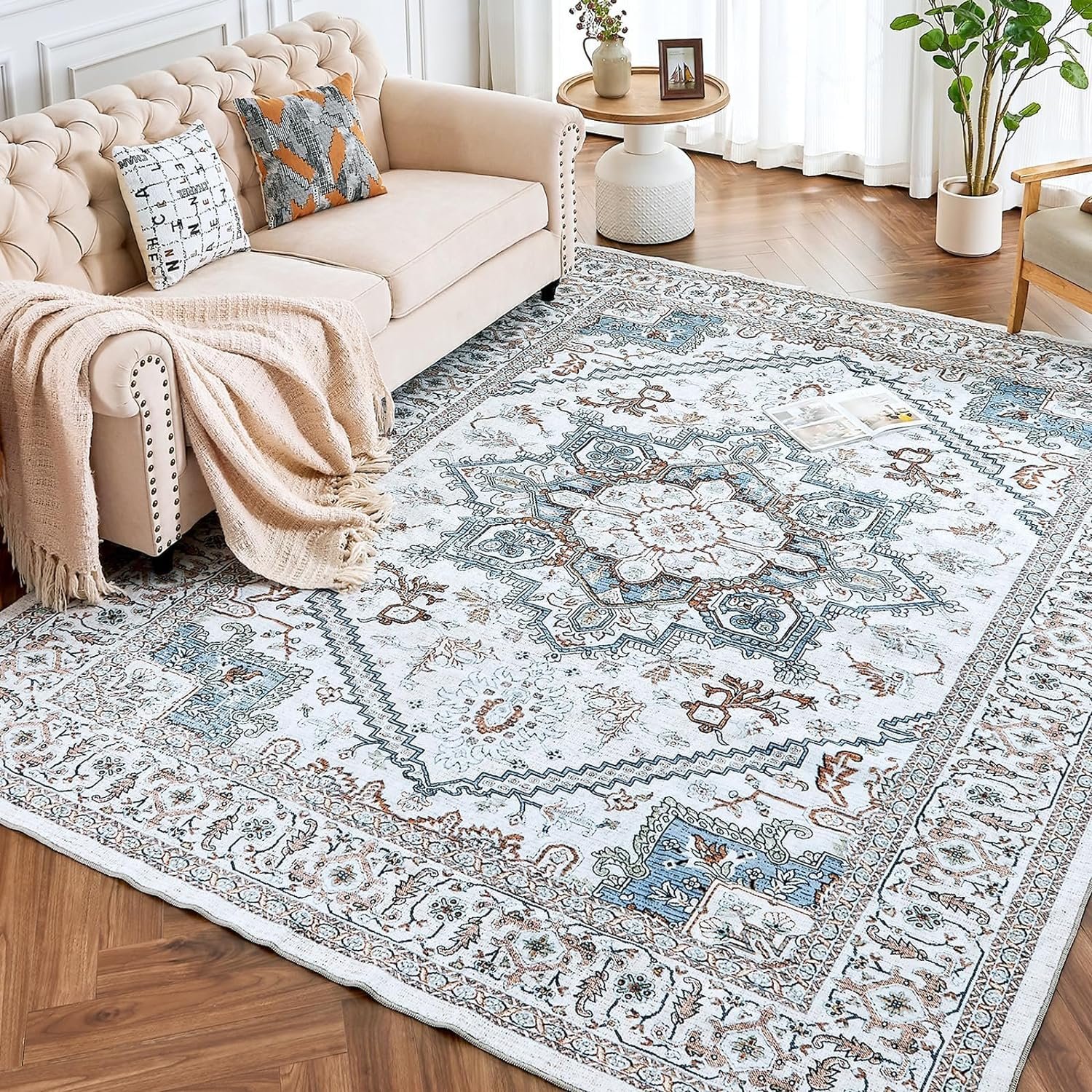ROCYJULIN 5x7 Area Rugs for Living Room, Faux Wool Area Rugs 5x7 for Bedroom, Low-Pile 5x7 Area Rugs with Non-slip TPR Backing, 5 x 7 Washable Carpet for High Traffic, Grey & Blue