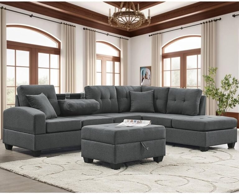 UBGO Sectional Sofa Set, Gray Linen – Comfy Oversized Corner Sofa Cup Holder & Ottoman