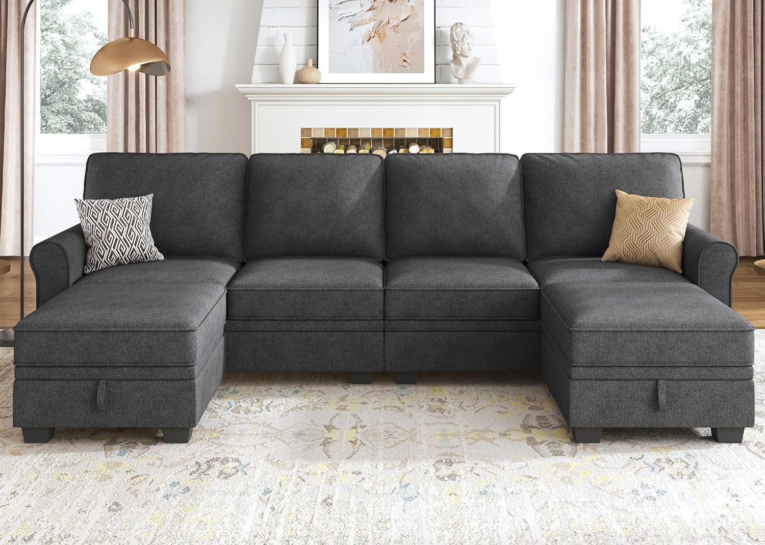 HONBAY Sectional Sofa with Storage Seat U Shaped Sectional Couch with Reversible Chaise Convertible Sectional Couches for Living Room,Dark Grey