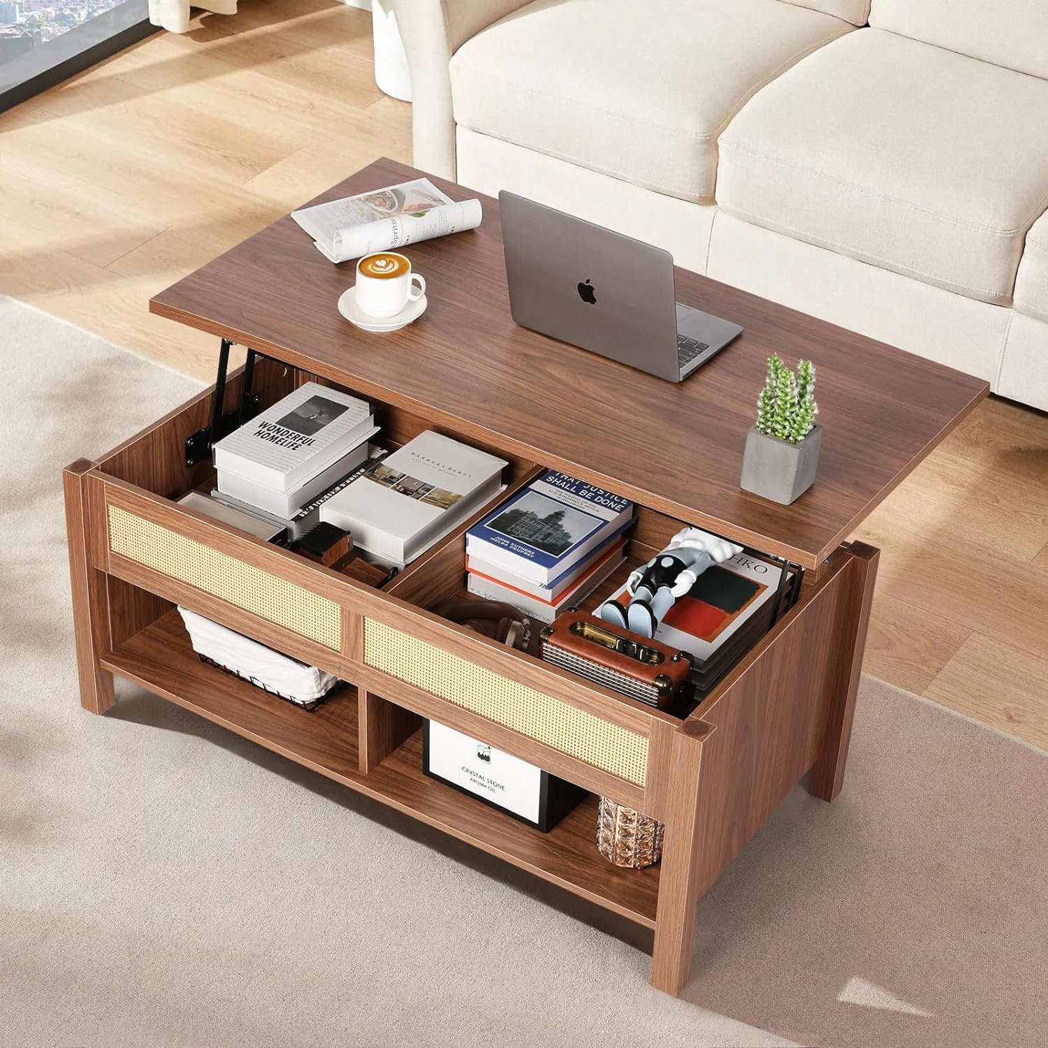 VOWNER Wood Lift Top Coffee Table with Large Hidden Compartment, Rattan Decorated Dining Table for Home Small Space, Bohemian Coffee Table with Storage for Home Living Room, Home Office, Espresso