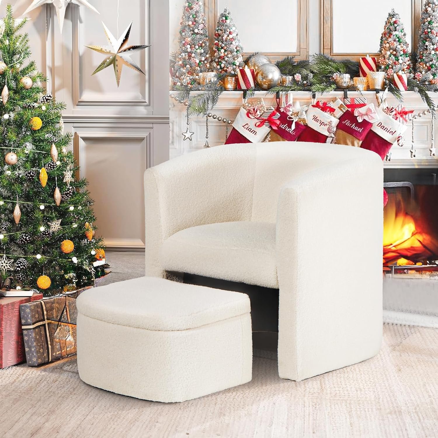 COLAMY Upholstered Sherpa Barrel Accent Chair with Storage Ottoman, Morden Living Room Side Chair, Armchair for Bedroom/Reading Spaces/Office, Craem