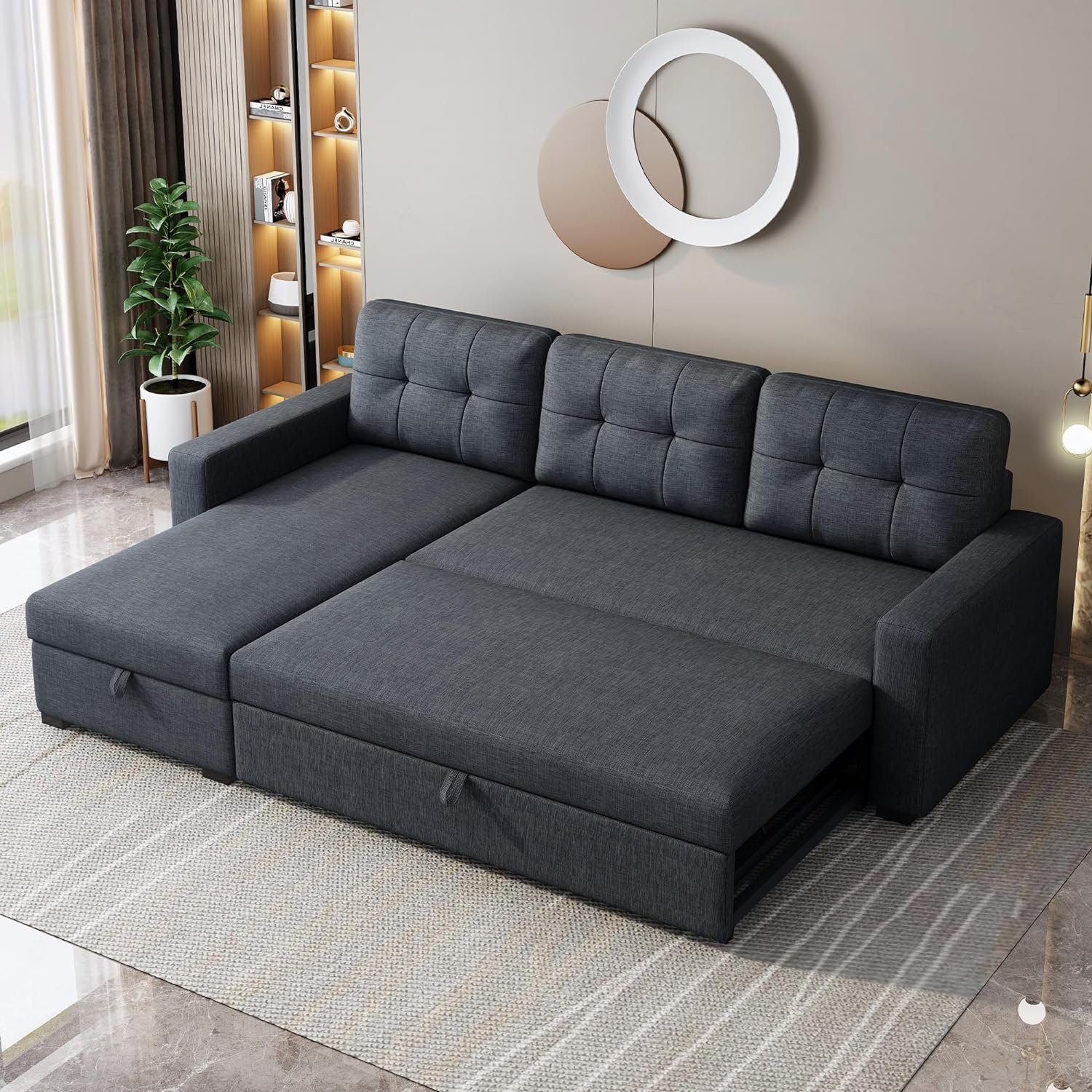 Sleeper Sofa Couch with Pull Out Bed,L Shaped Sleeper Sofa with Storage,Sectional Sleeper Couch,Convertible Sleeper Sectional Sofa W/Chaise and 3 Back Cushions,for Living Room,Office,Dark Grey