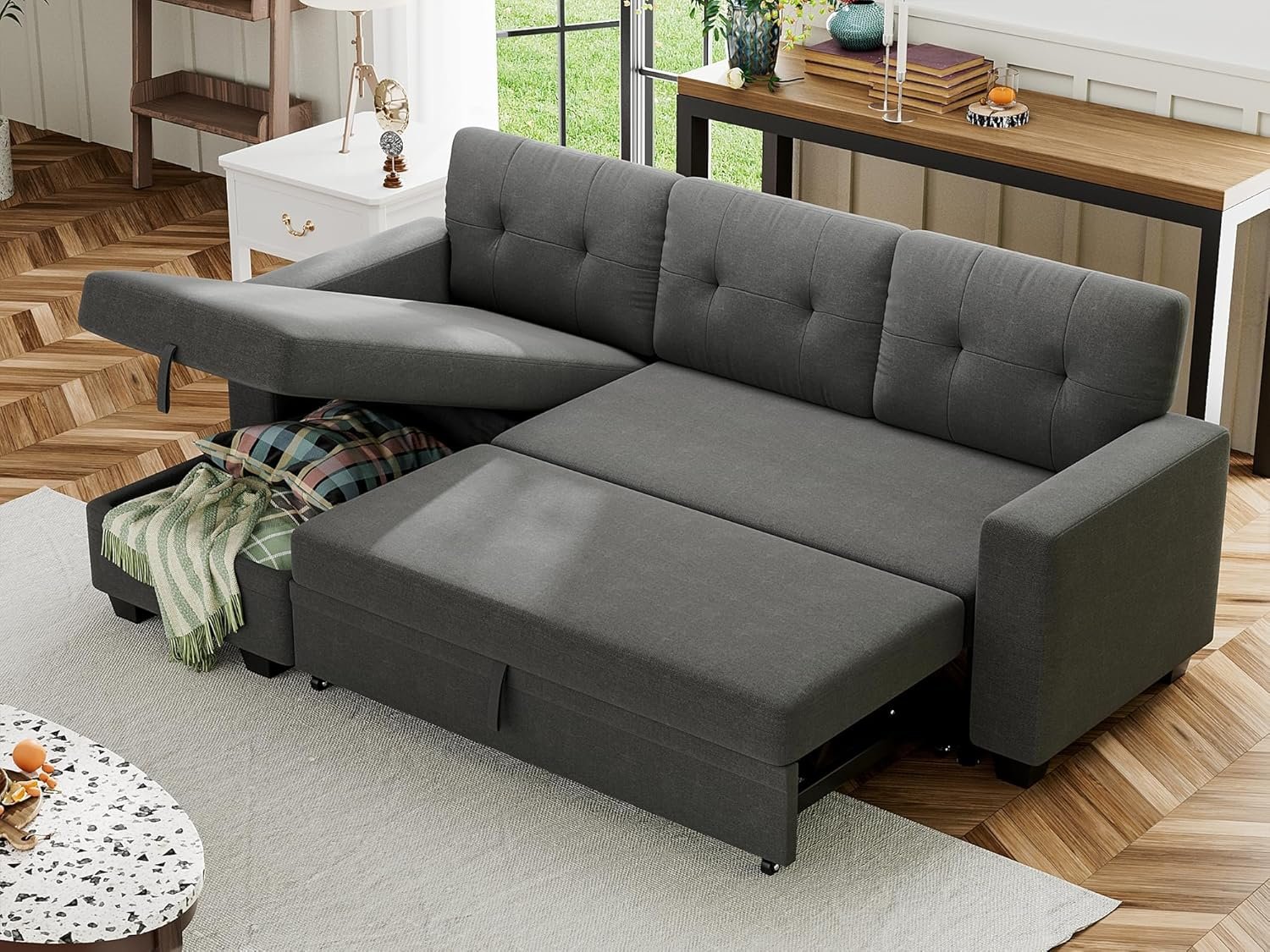 Sofa Bed Reversible Convertible Sleeper Pull Out Couches with Storage Chaise, Linen Fabric Furniture for Living Room, Bedroom, Apartment, Dark Gray