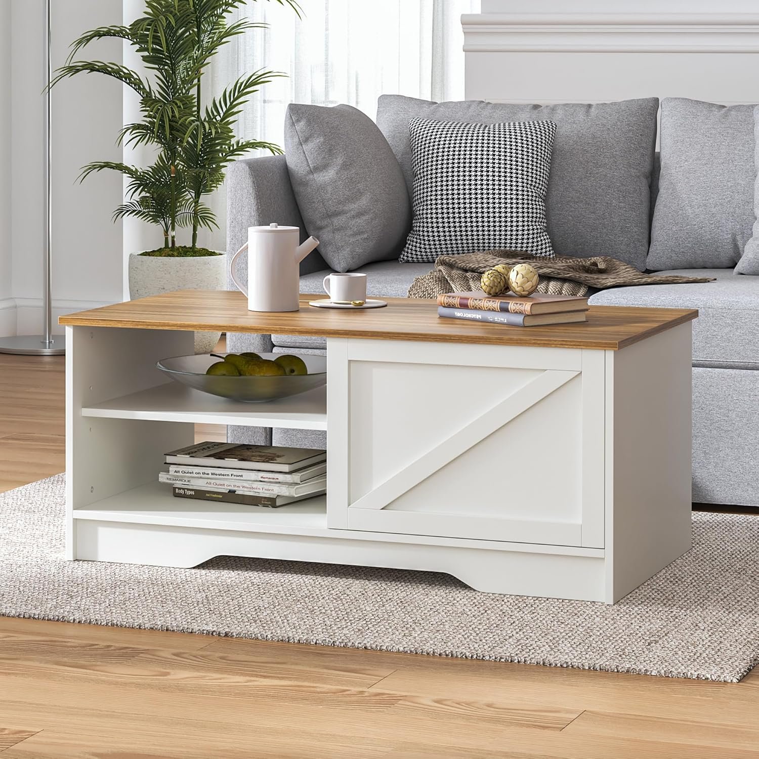 VONLUCE Farmhouse Coffee Table with Sliding Door, 42 in Rustic Coffee Table with Storage Cabinet & Adjustable Shelf, Modern Rectangular Center Table for Living Room Office, White & Walnut