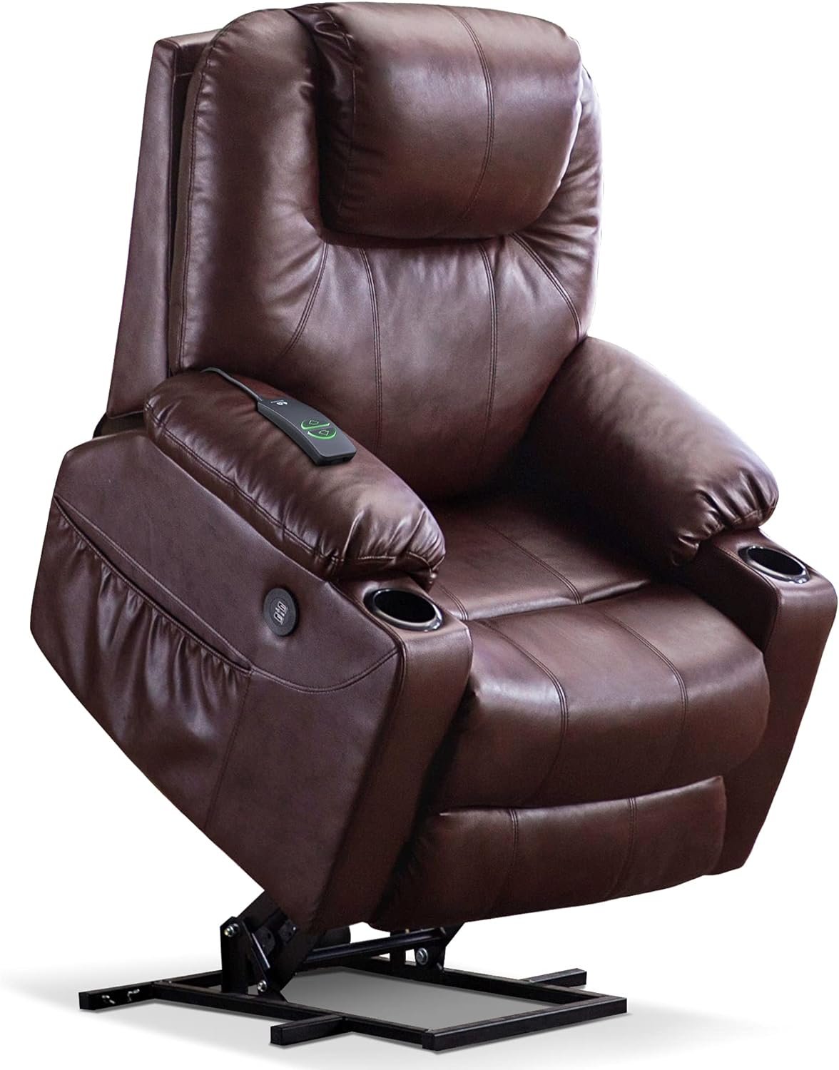 MCombo Electric Power Lift Recliner Chair Sofa with Massage and Heat for Elderly, 3 Positions, 2 Side Pockets, and Cup Holders, USB Ports, Faux Leather 7040 (Medium, Dark Brown)