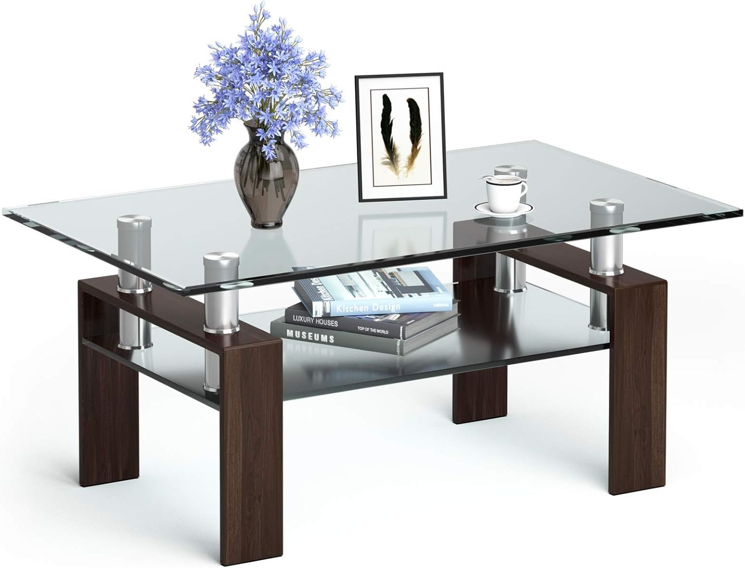 Tangkula Rectangular Glass Coffee Table, Modern Side Coffee Table w/Lower Shelf, Tempered Glass Tabletop & Metal Legs, Suitable for Living Room Office (Coffee)