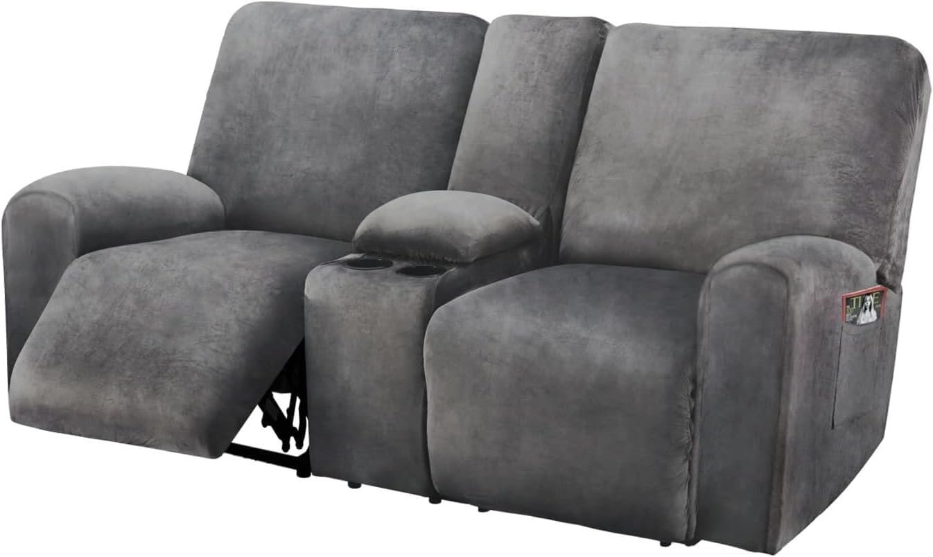 ULTICOR Reclining Loveseat with Middle Console Slipcover, 8-Piece Velvet Stretch Sofa Covers, 2 seat Loveseat Recliner Cover, Thick, Soft, Washable(Dark Grey)