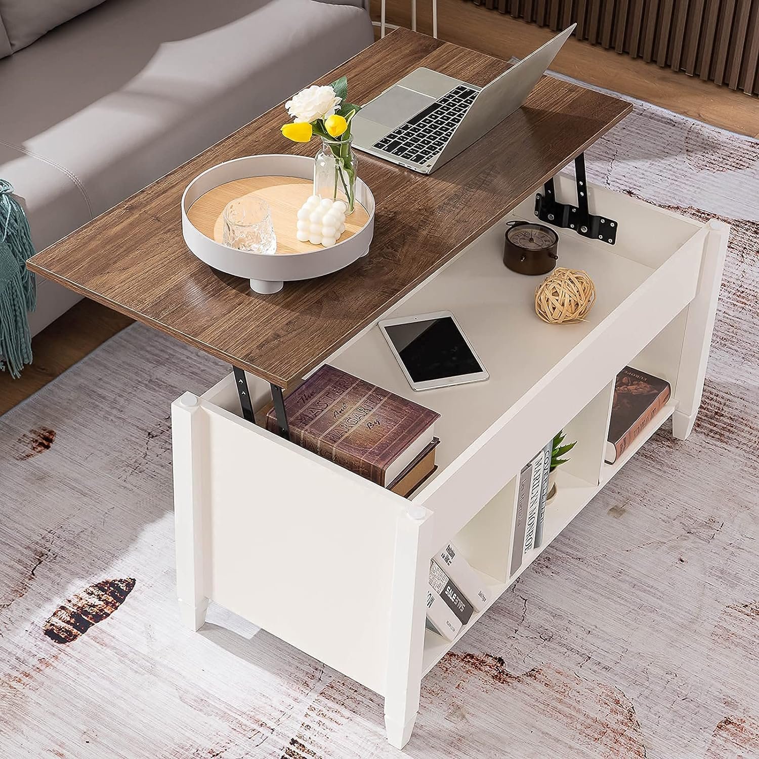 VINGLI Lift Top Coffee Table, White Coffee Table with Lift Top, Lift Up Coffee Table with Storage Shelf/Hidden Compartment, Gas Lift Coffee Table Mesa De Centro Para Sala Pop Up Coffee Table