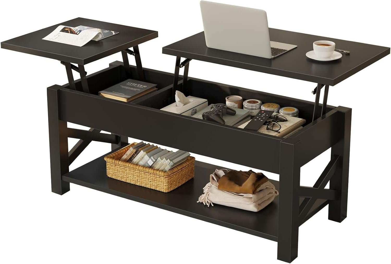Rolanstar Coffee Table 47.2", 2 Way Lift Top Farmhouse Center Table with Hidden Compartment, Open Shelf & X Wooden Support for Living Room, Black