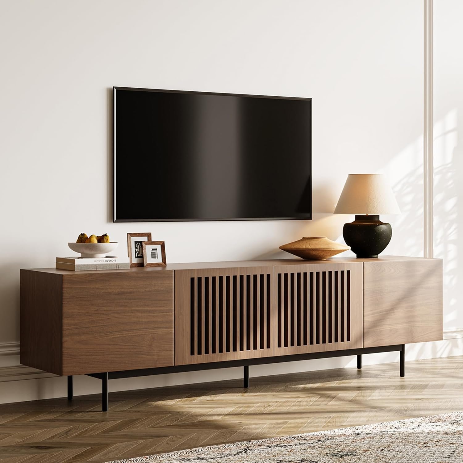 POVISON Modern Solid Wood TV Stand, Entertainment Center for 70 75+ Inch TV, Slatted Media Console TV Cabinet with Tall-cast Metal Legs, Walnut Veneer, Fully-Assembled, 78"