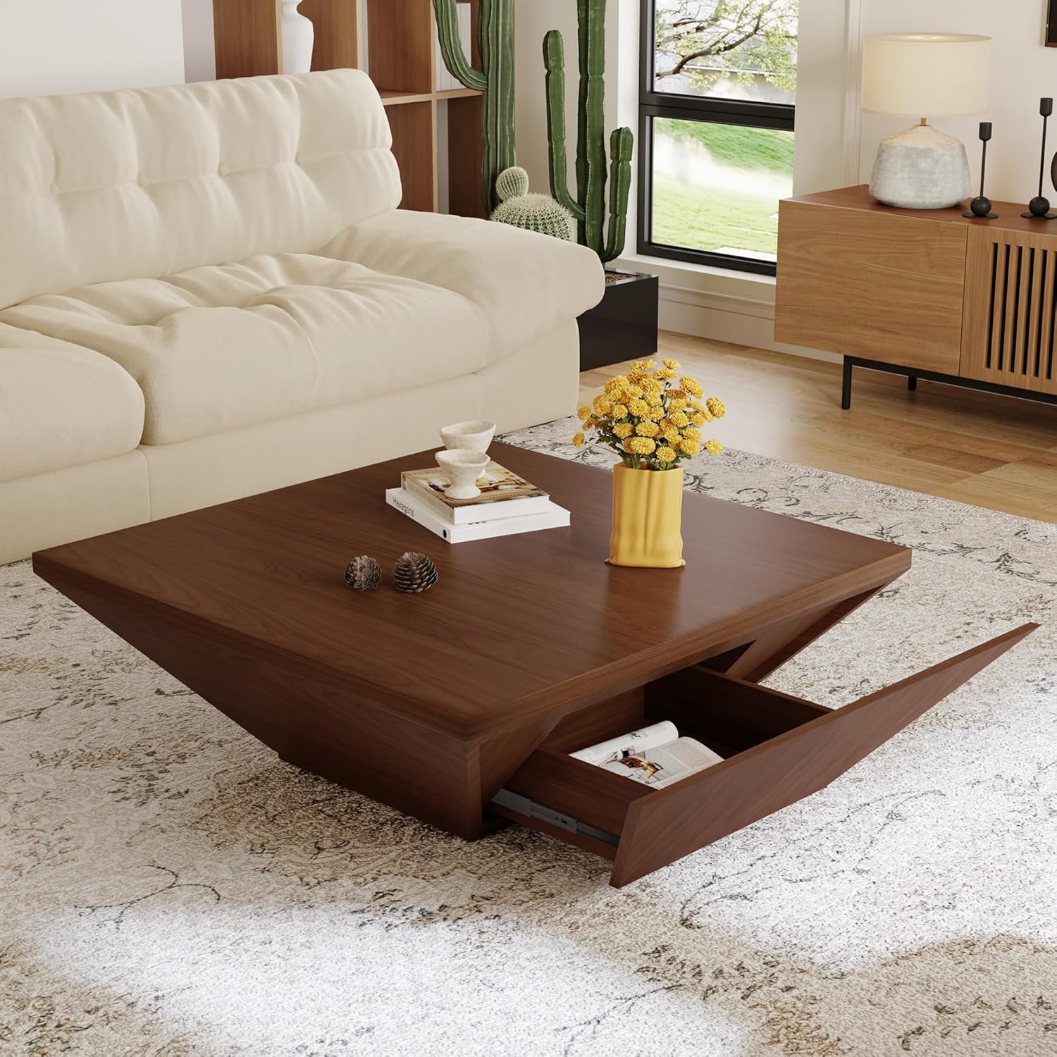 POVISON Modern Coffee Tables for Living Room, Square Coffee Table with Storage, Wood Coffee Table with Drawers, 39.4" Walnut Trapezoidal Living Room Tables for Home Office, Fully Assembled