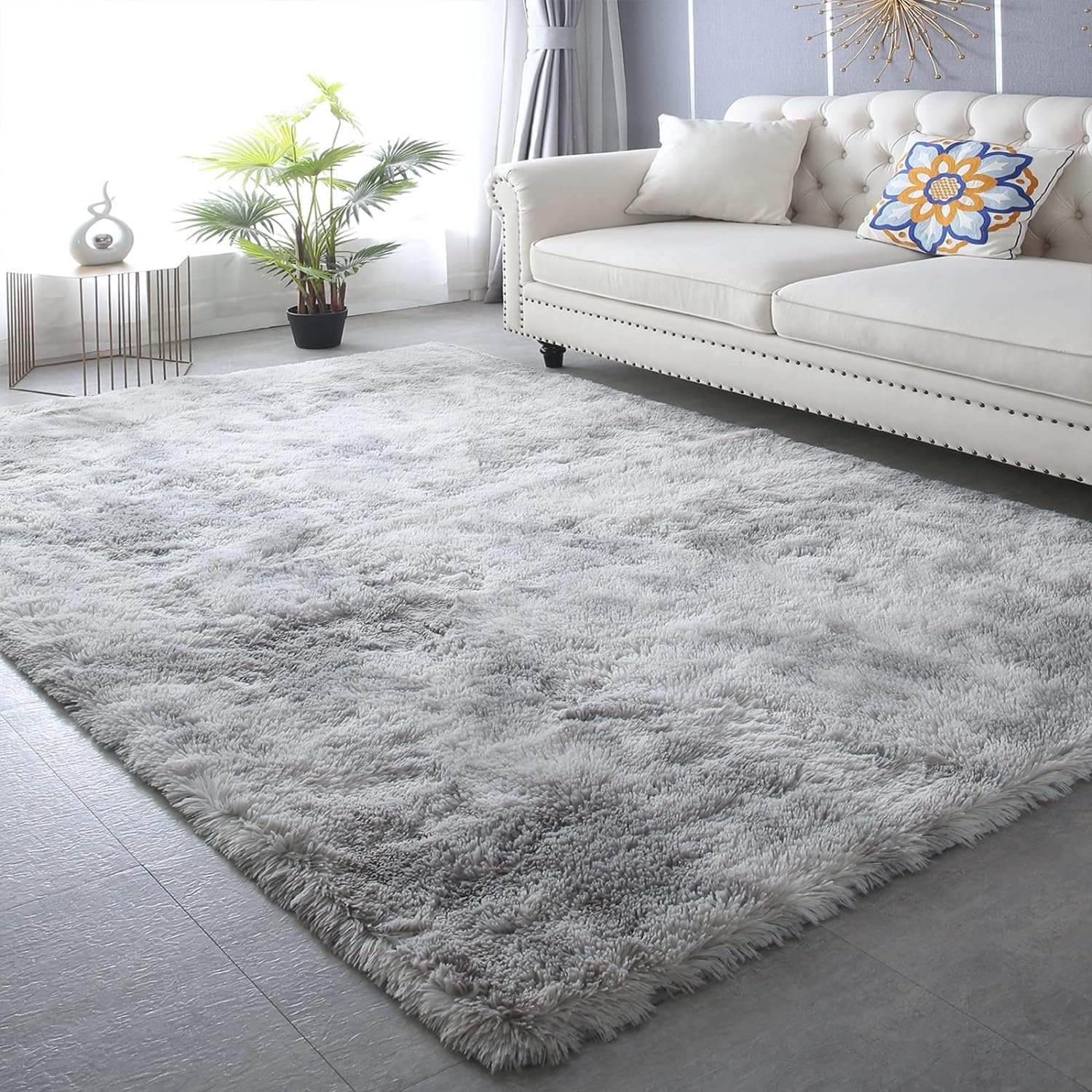 Shag Area Rug,Indoor Ultra Soft Fluffy Plush Rugs for Bedroom Living Room, Non-Skid Modern Nursery Faux Fur Rugs for Kids Room Home Decor (Tie-dyed Light Gray, 5x7 Feet)
