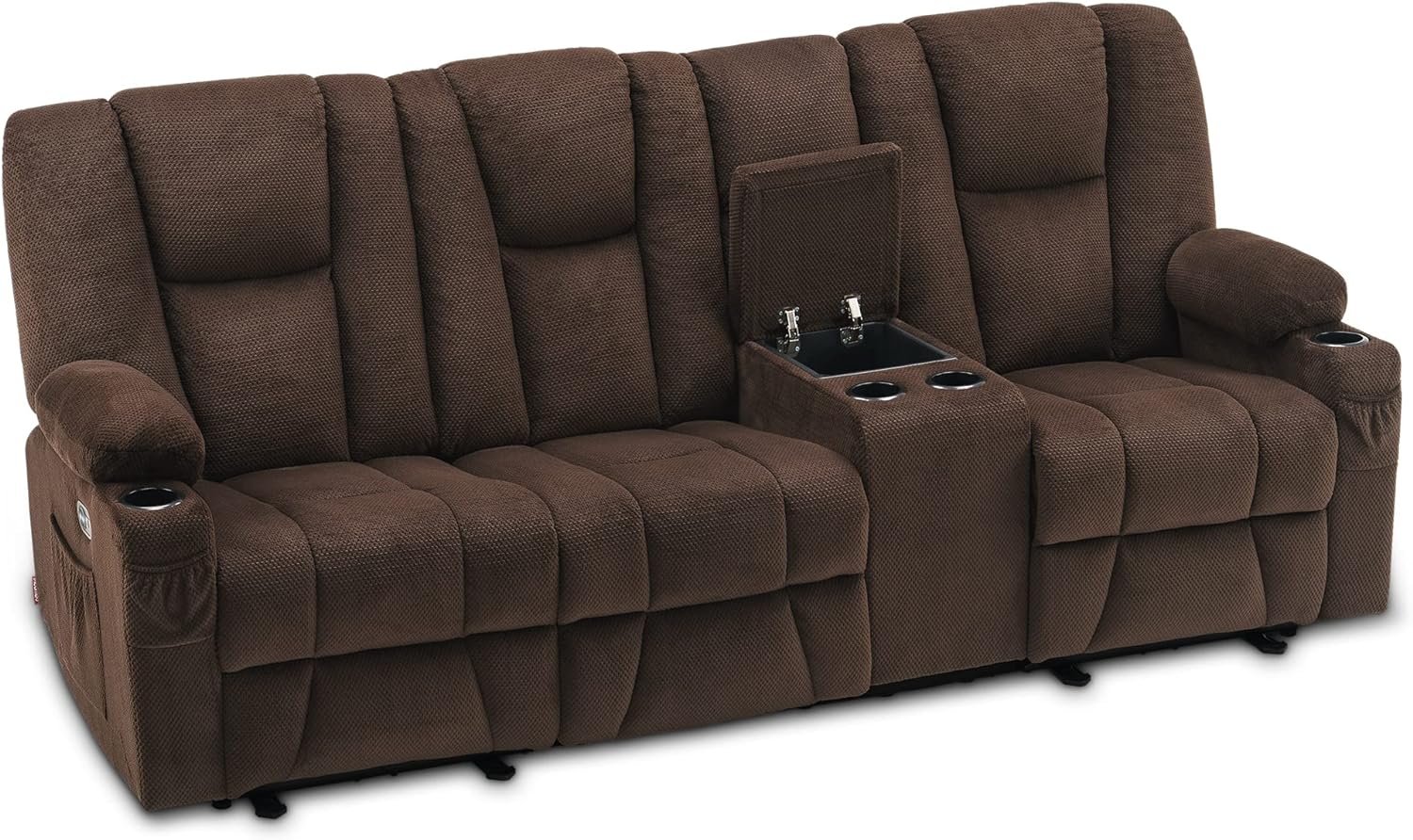 MCombo Power Reclining Sofa with Heat and Massage,USB Ports, Cup Holders,3-Seat Dual Recliner Sofa with Console for Living Room 6035 (Brown)