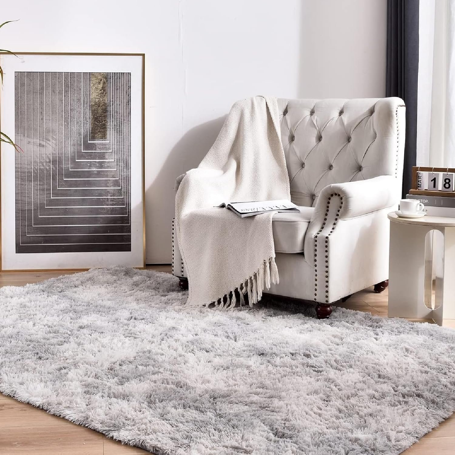 Grey Shag Rugs for Bedroom,4x6 Feet Fluffy Fuzzy Soft Carpet,Plush Shaggy Area Rug,Non-Slip Plush Indoor Living Room Rug for Kids,Tie-Dyed Light Grey