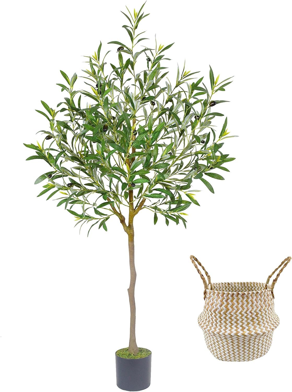 Artificial Olive Tree, 5ft Tall Fake Olive Leaves Plant with Basket, Indoor Outdoor Faux Olive Topiary Silk Tree for Home Livingroom Office Décor