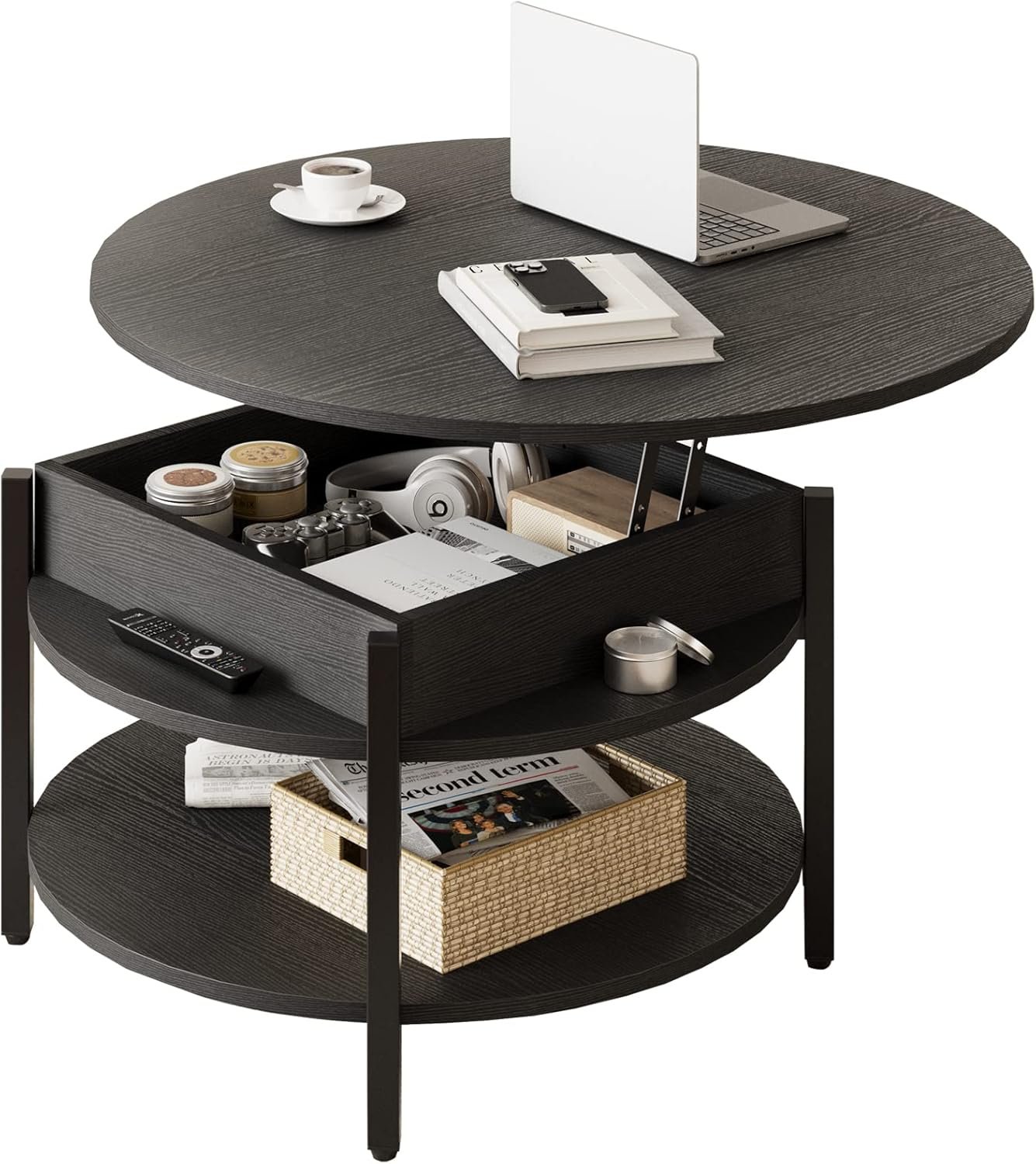 FABATO Round Lift Top Coffee Table for Living Room, 35.43'' Round Coffee Table with Storage and Hidden Compartment, 2 Tier Large Farmhouse Coffee Table Round Dining Table, Black