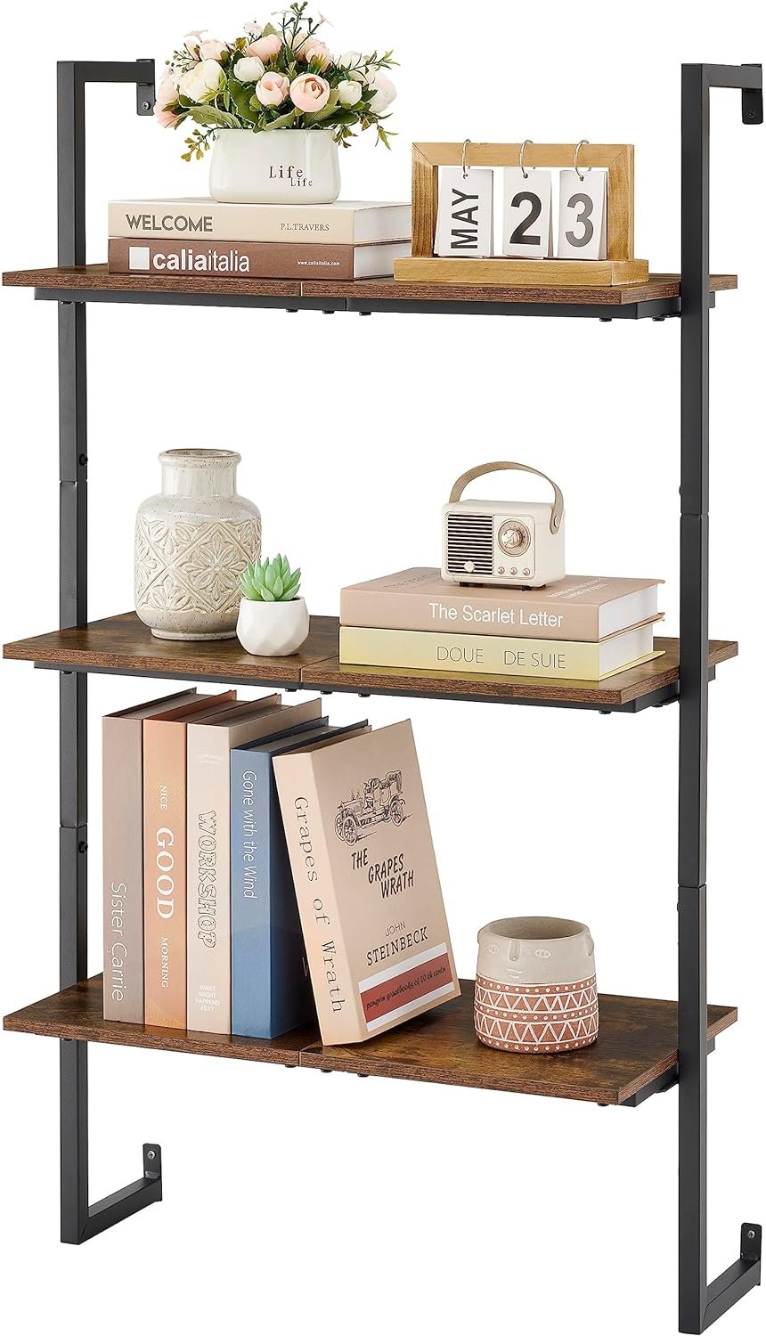 Tajsoon Large Ladder Shelf, Industrial Bookcase, 3-Tier Wood Wall Mounted Bookshelf with Metal Frame, Open Storage Rack for Living Room, Bedroom and Plant Flower, Rustic Brown