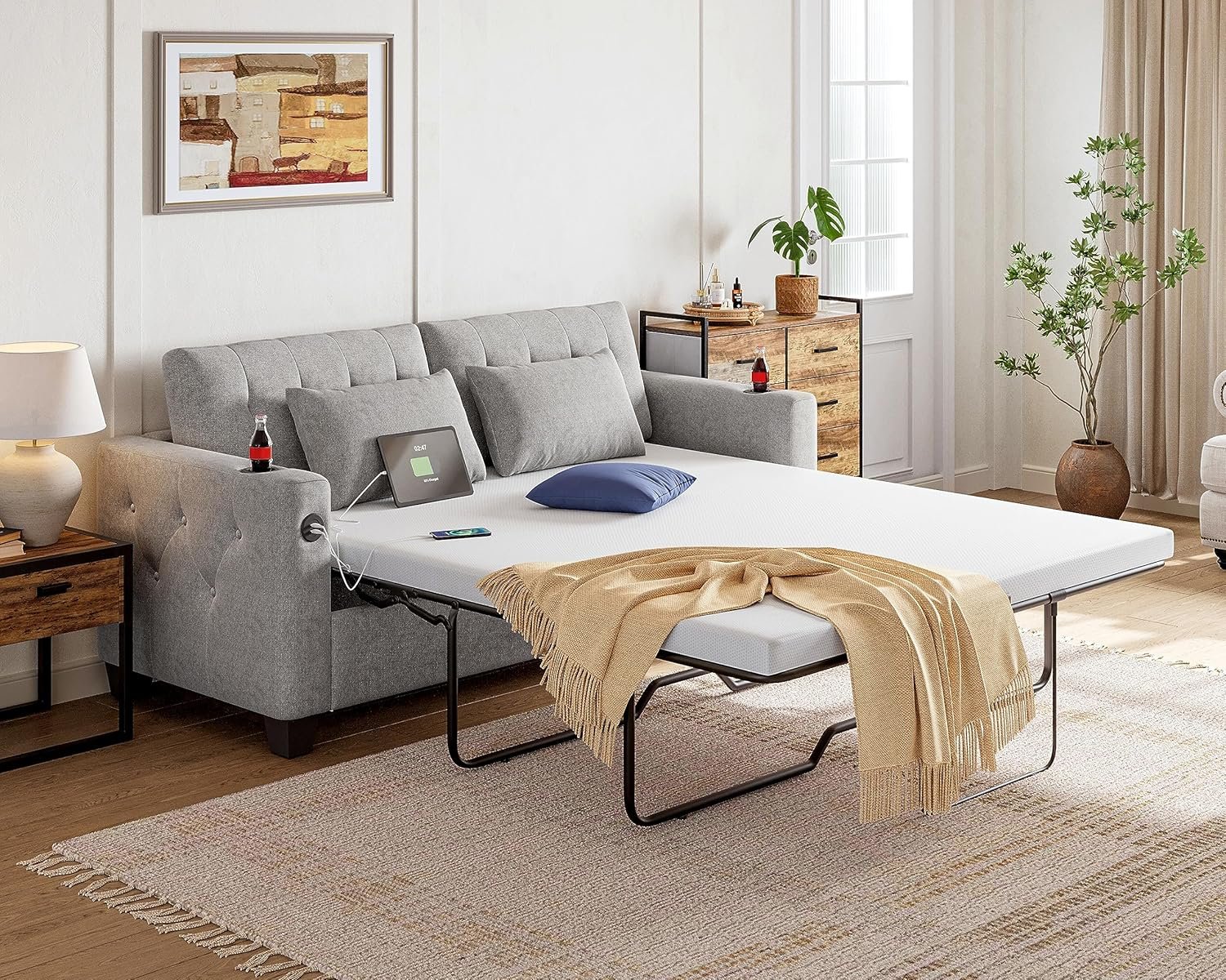 LINSY HOME Pull Out Sofa Bed, Queen Sleeper Sofa Couch with Memory Foam Mattress and Solid Wood Bed Frame, Covers Removable and Washable, Pullout Couch for Living Room Home Office, Grey, Queen Size