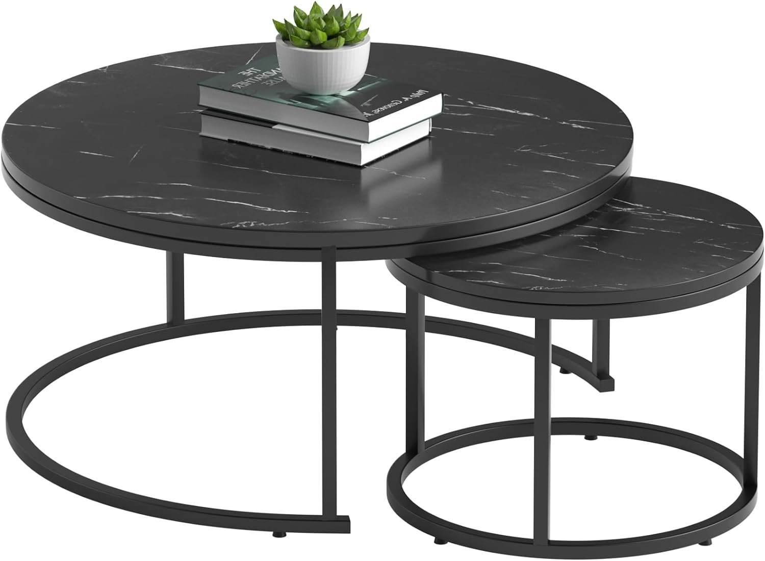 Circular 27.5" & 17.75" Nesting Table with Metal Legs Set of 2 - Side Table for Living Room, Bedroom, Balcony, Apartment & Small Spaces - Nested Center Coffee End Table - Black