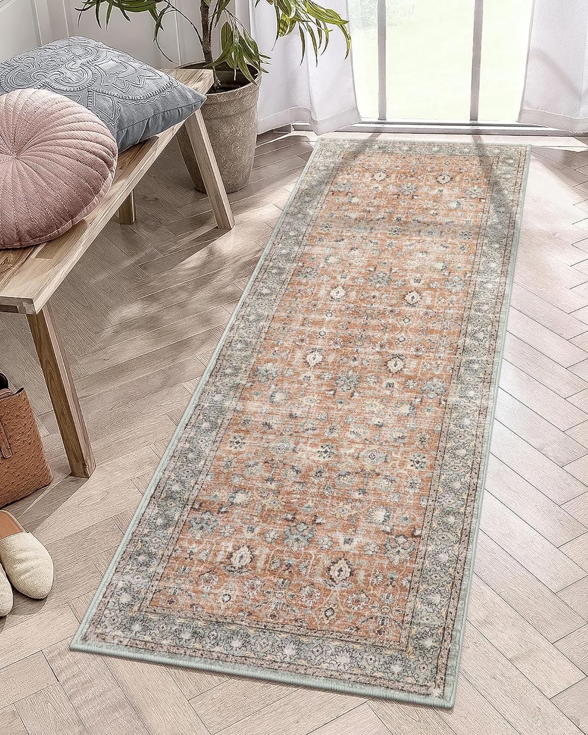 LIVEBOX Washable Runner Rug 2x6 Boho Kitchen Rug Runner Long Entryway Rug, Low-Pile Vintage Terracotta Rug for Bedroom, Non-Slip Soft Carpet Throw Rug for Bathroom Laundry Room Hallway