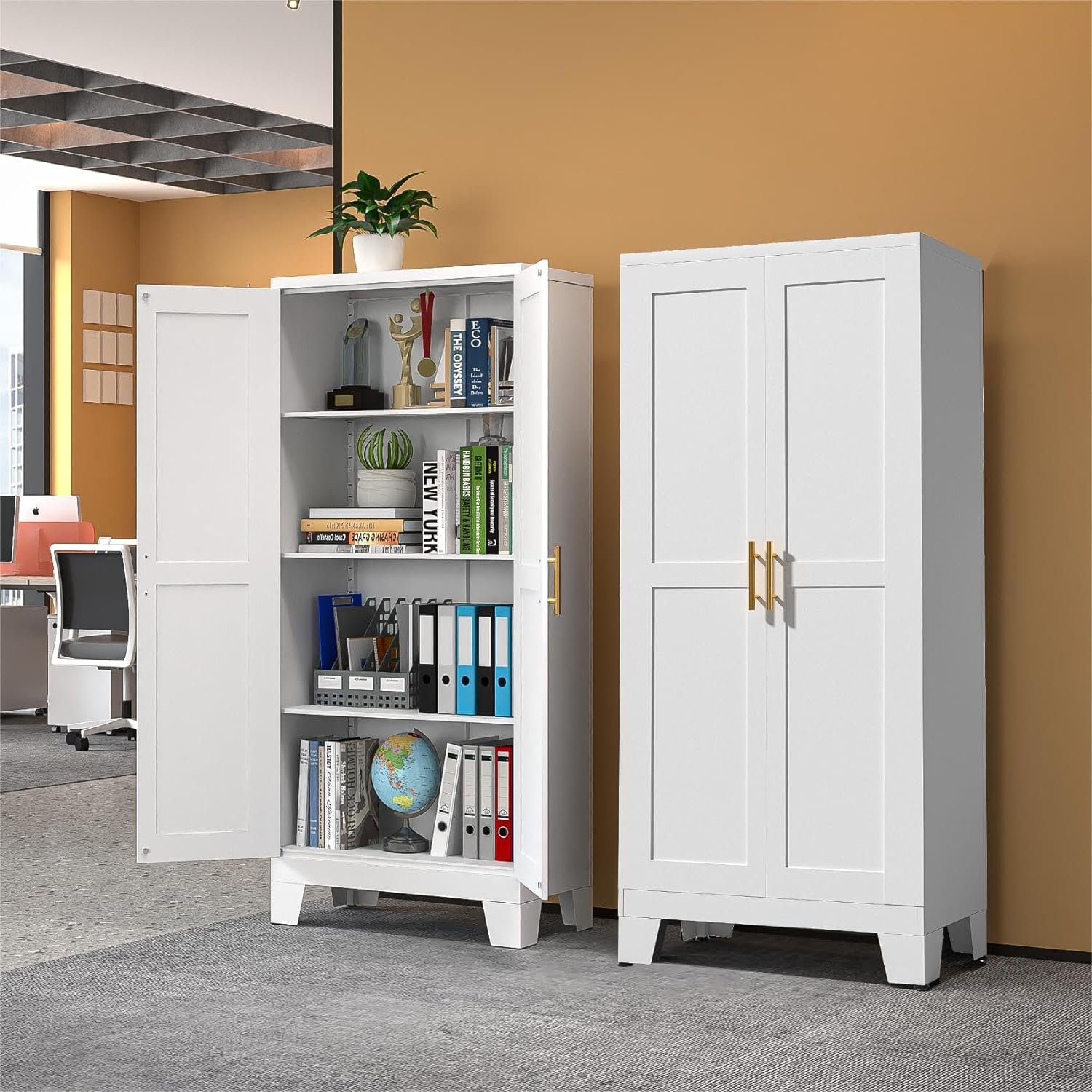 White Metal Storage Cabinet, 61" Steel File Cabinet for Home Office, Kitchen Pantry Storage Cabinet with Doors and 3 Adjustable Shelves, Tool Cabinet, for Office, Home, Garage, School