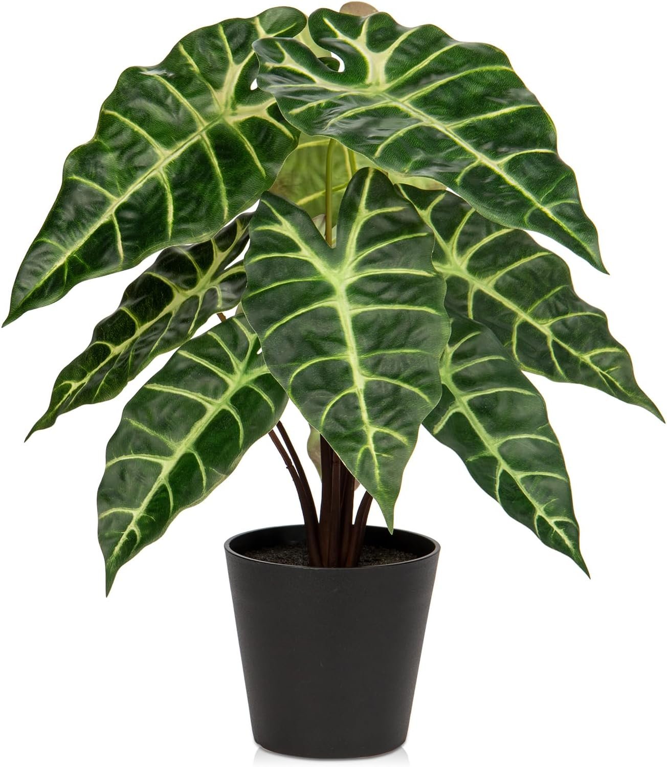 Briful 17'' Fake Plant Real Touch Artificial Alocasia bambino Plant in Black Nursery Pot Faux Alocasia Polly Houseplant for Shelf Tabletop Centerpieces Farmhouse Home Décor, Green Leaves