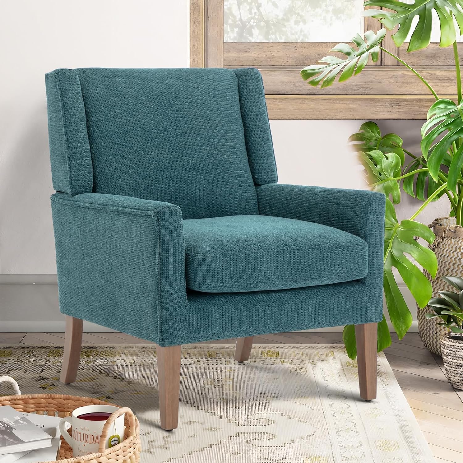 COLAMY Modern Wingback Living Room Chair, Upholstered Fabric Accent Armchair, Single Sofa chair with Lounge Seat and Wood Legs for Bedroom/Office/Reading Spaces, Teal