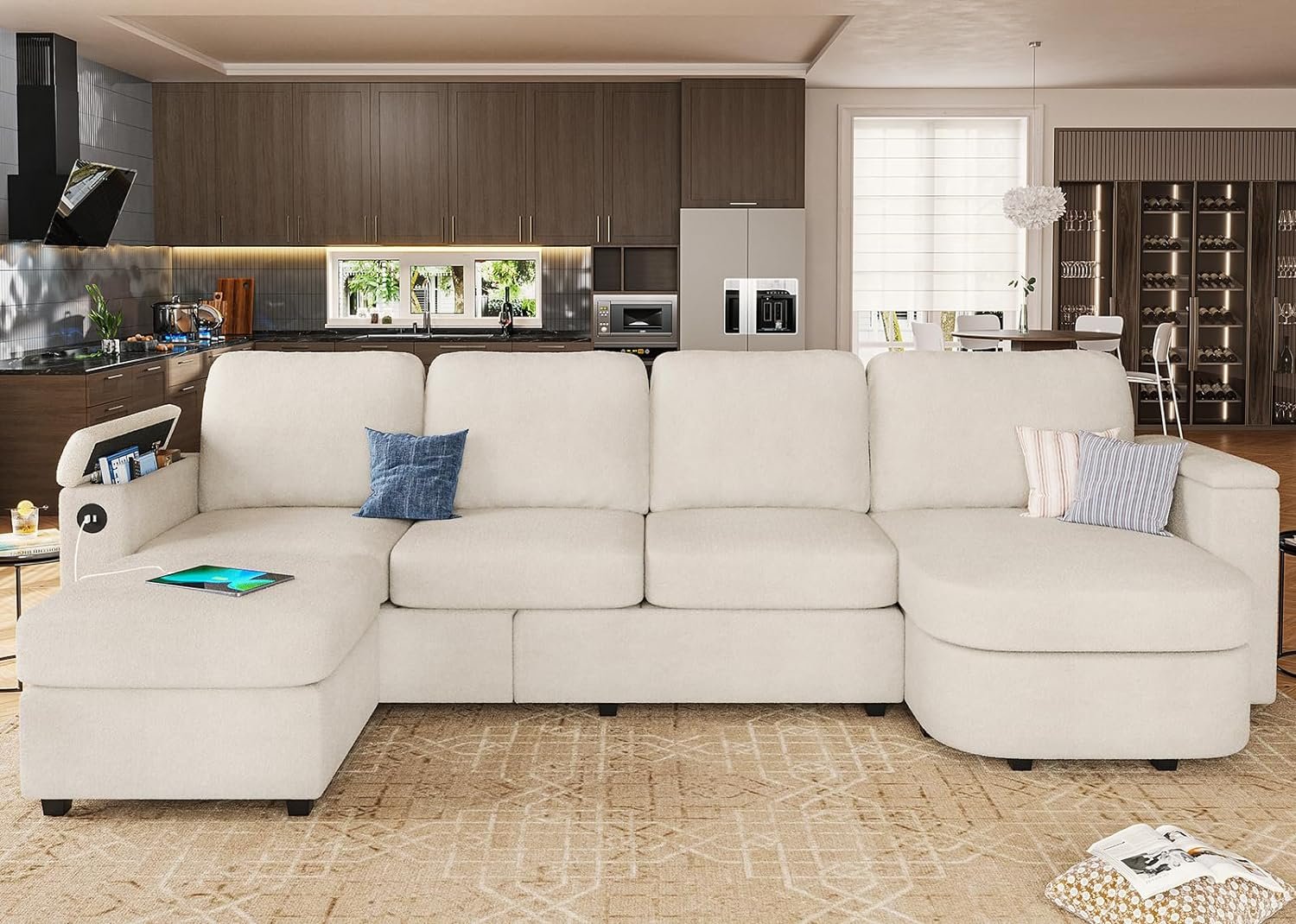 SEDETA 120" U Shaped Couch, Sectional Sofa Couch with Storage Seat, Chenille Convertible Sofa with Reversible Chaises, Sectional Couches with Ottomans for Living Room, Beige